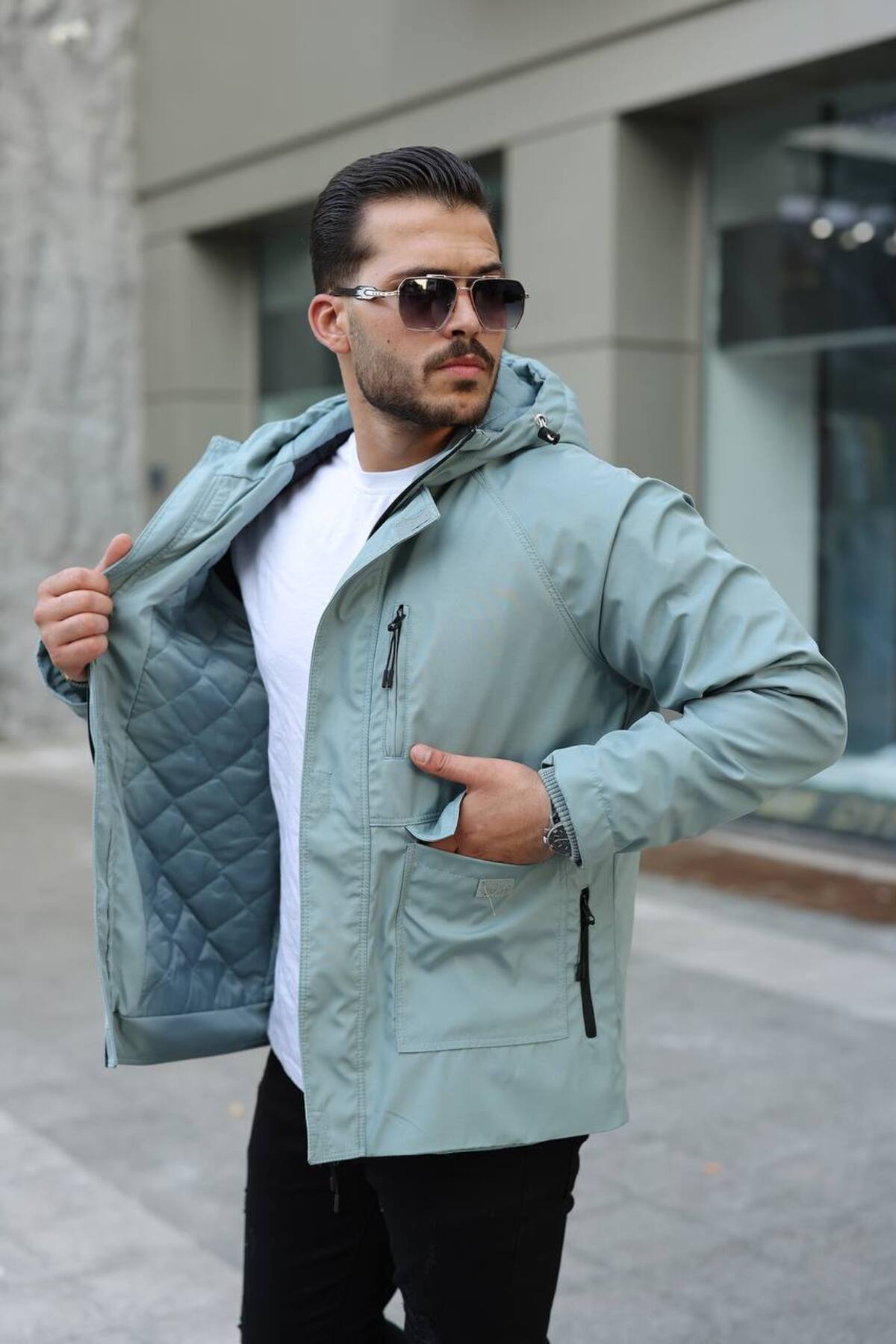 Erkek Kapitoneli Mont Su ve Rüzgar Geçirmez Premium Ceket — فیروزه‌ای MNT1 — تصویر 3 از 4
