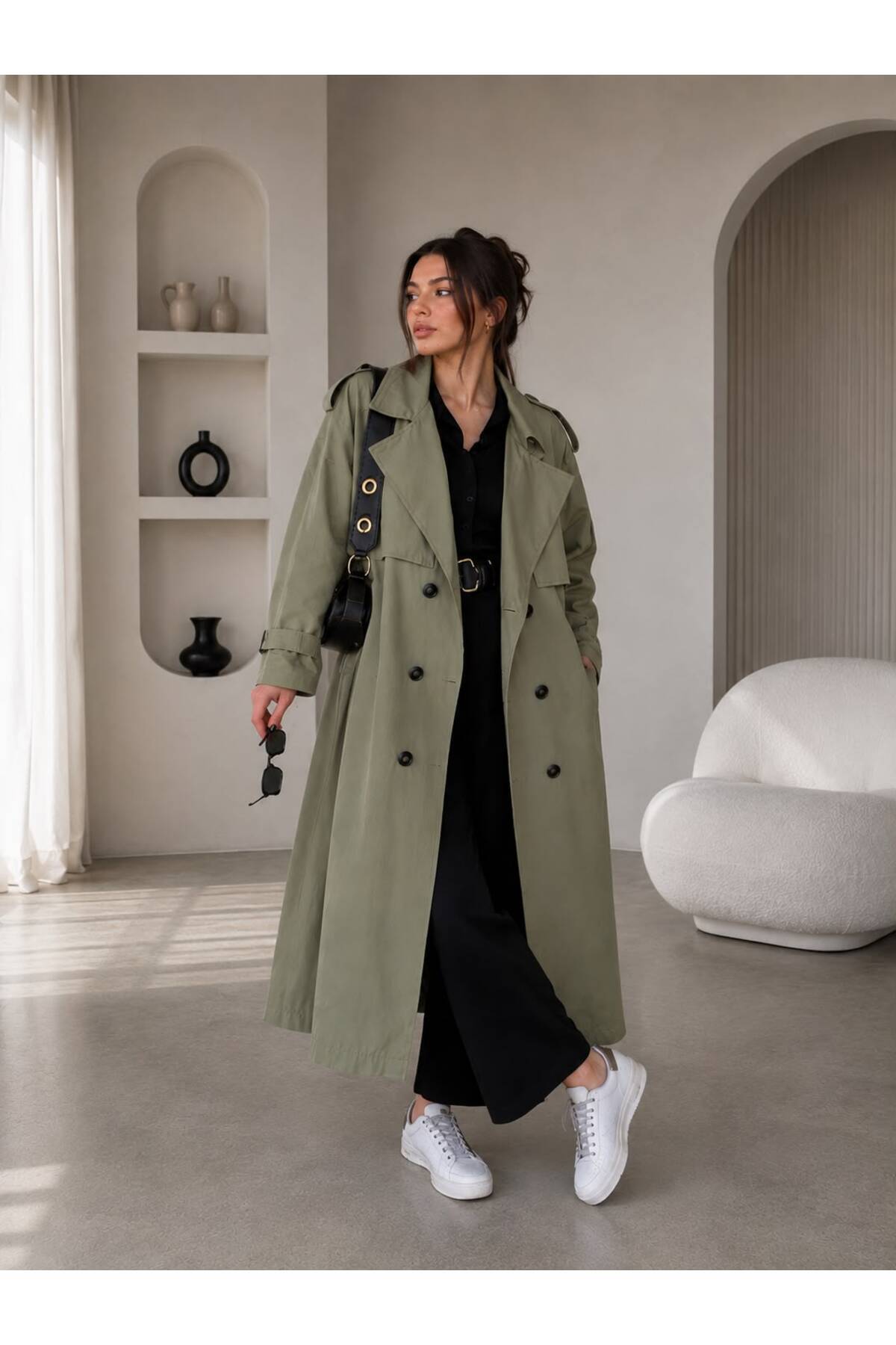 motix Oversize Kuşaklı Çift Katmanlı Trençkot, Şık ve Modern Tasarım