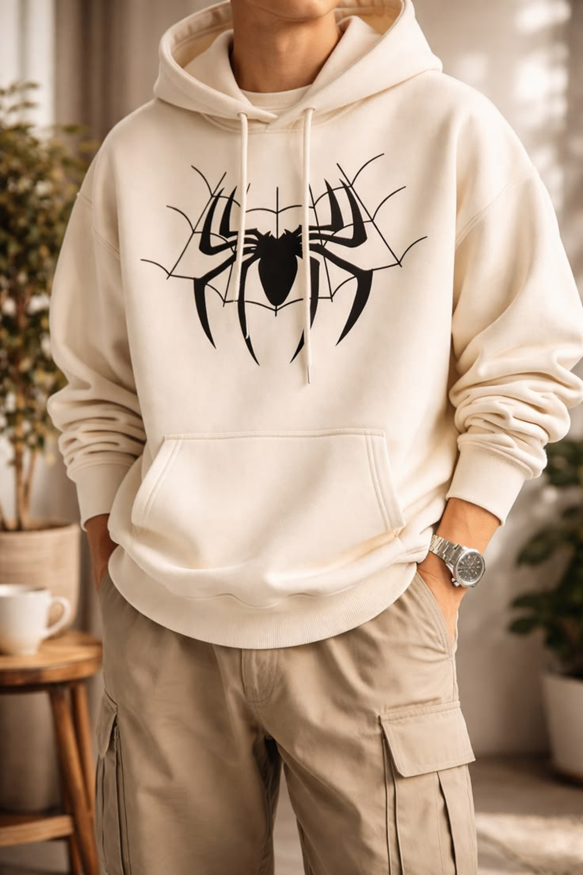 ZAVIXO Spider Printed Oversize Hooded Sweatshirt Men's Black Graphic Printed Streetwear Hoodie with Kangaroo Pocket