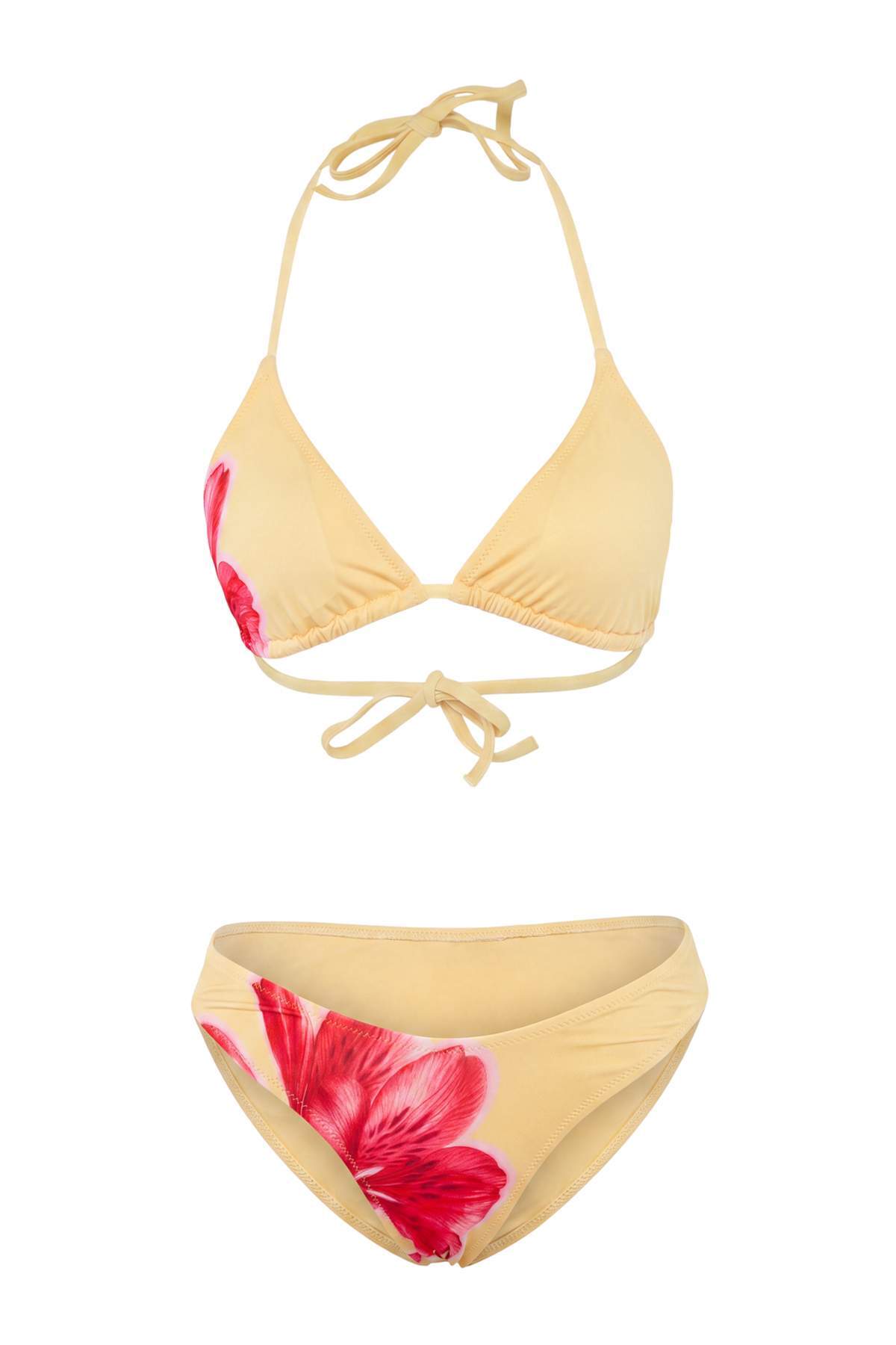 Trendyolmilla Sarı Çiçek Desenli Üçgen Kaplı Düşük Bel High Leg 3'lü Set Bikini Takımı TBESS26BT00149