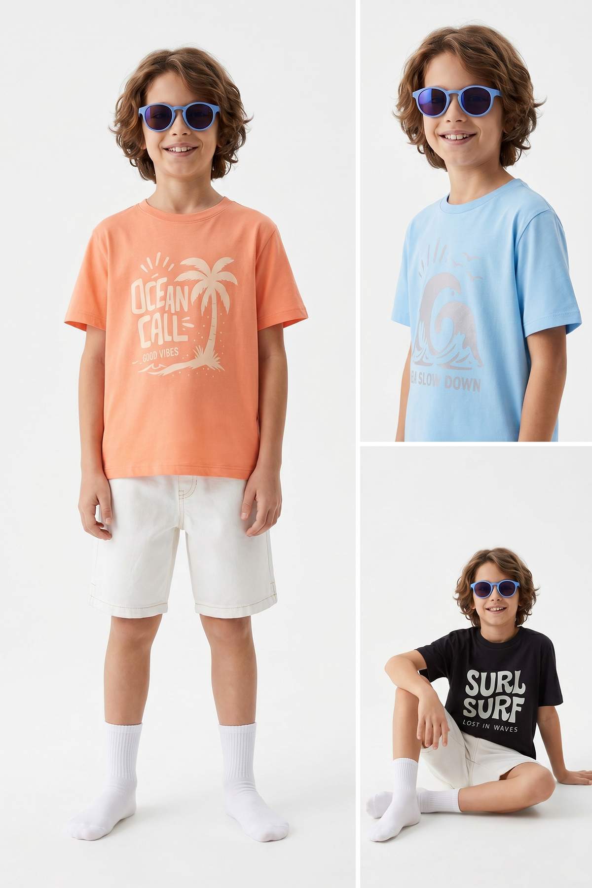 Trendyolmilla Kids Turuncu-Siyah-Mavi 3'lü Erkek Çocuk Düz Örme T-Shirt TKDSS26TS00016