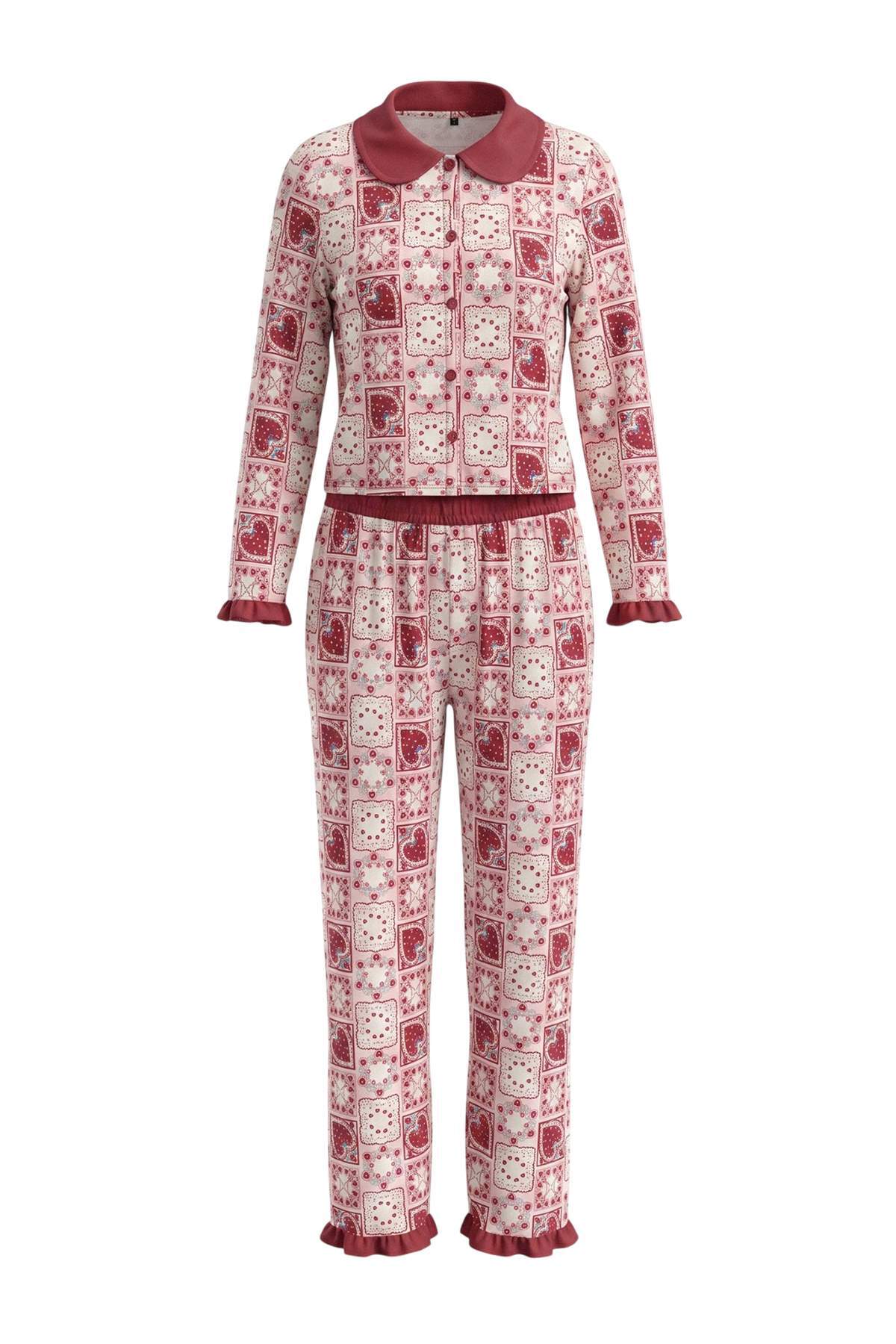 Trendyolmilla Bordo Etnik Desenli Fırfırlı Örme Pijama Takımı THMAW27PT00057