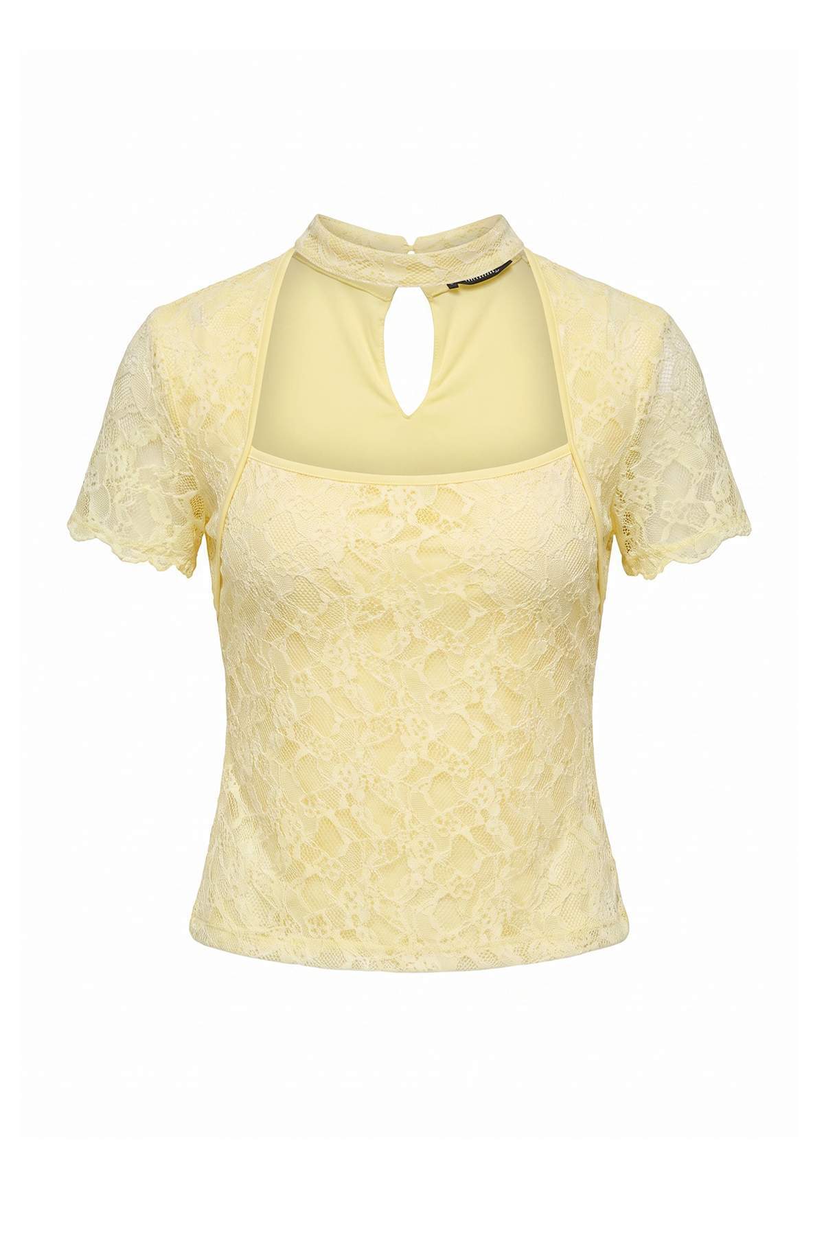 Trendyolmilla Açık Sarı Düz Fitted/Vücuda Oturan Choker Yaka Kısa Kol Dantel Örme Bluz TWOAW27BZ00156