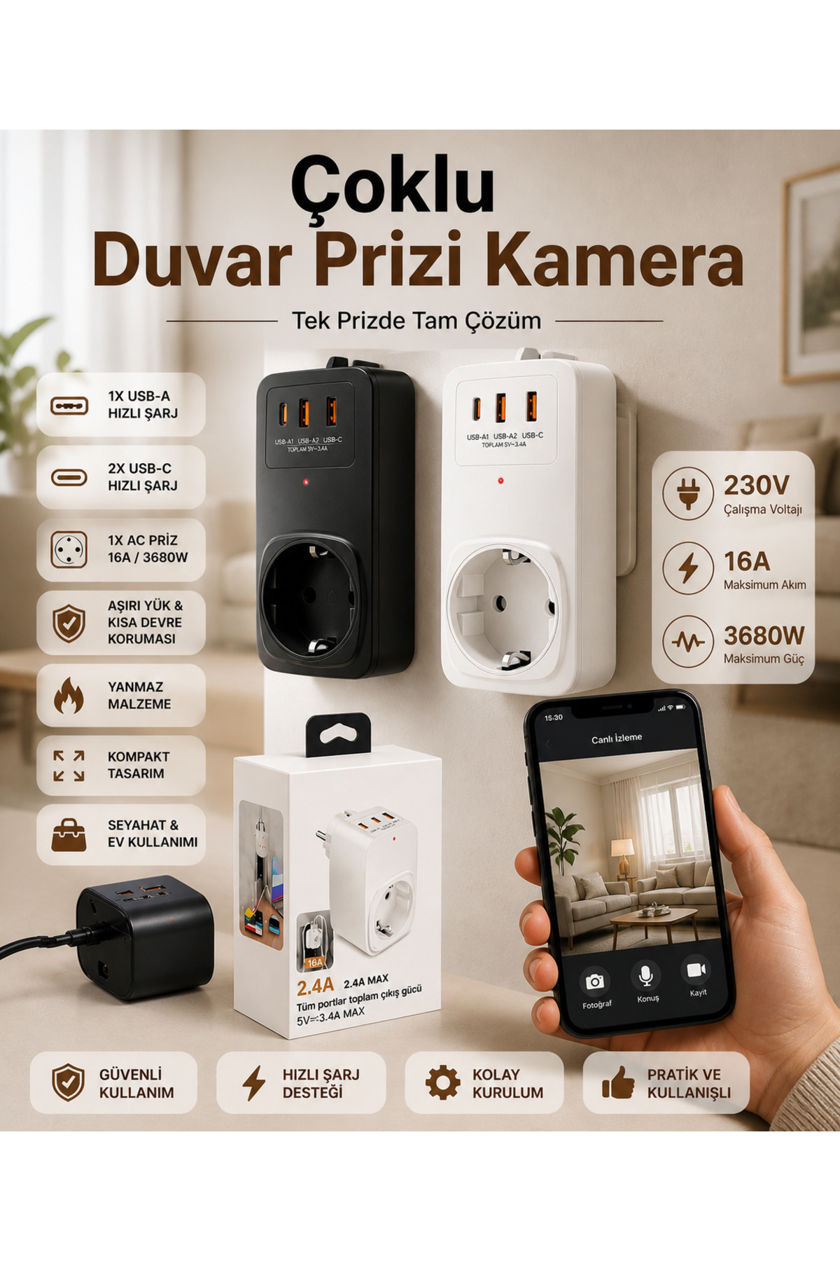 intermax AKIM KORUMALI ÇOKLU DUVAR PRİZİ 2X Type-C 1X USB Çıkışlı Priz Grup 1080P HD Wİ-Fİ CCTV Kamera
