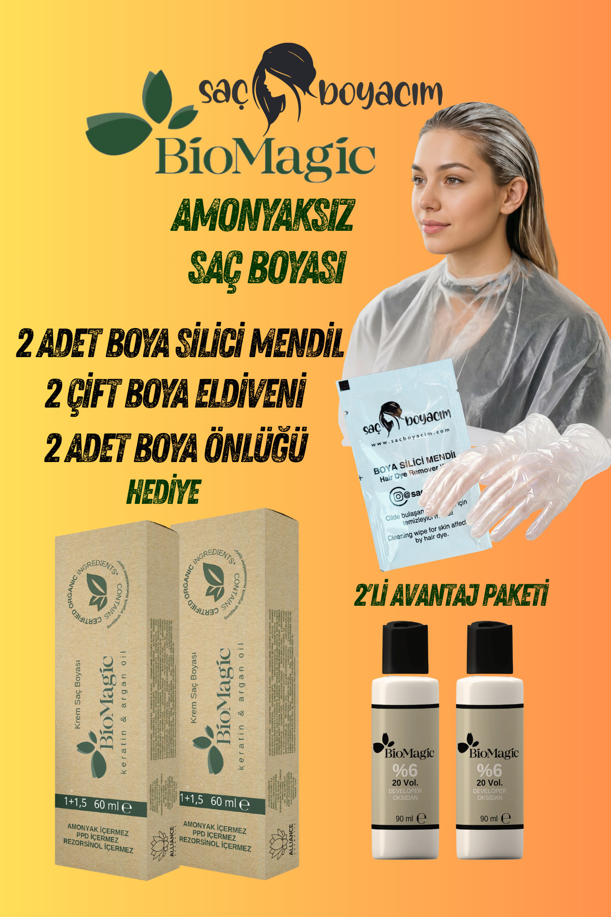 Saç Boyacım Mendil+Bio Magic Amonyaksız Saç Boyası 7.11 Yoğun Küllü Kumral X 2 Adet & 20 Vol — قهوه‌ای Bio2