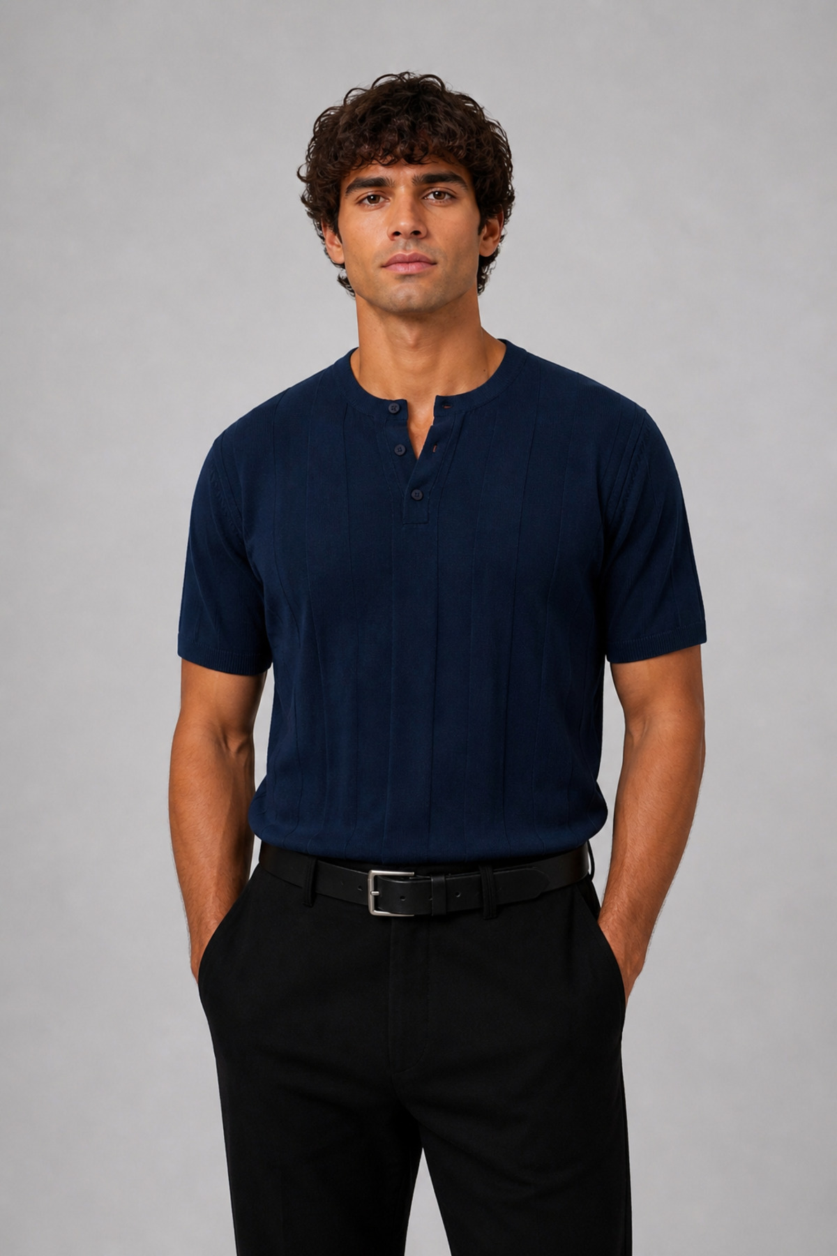 İLKCET MODA Wide Navy Blue Ribbed Collar Buttoned Men's T-Shirt