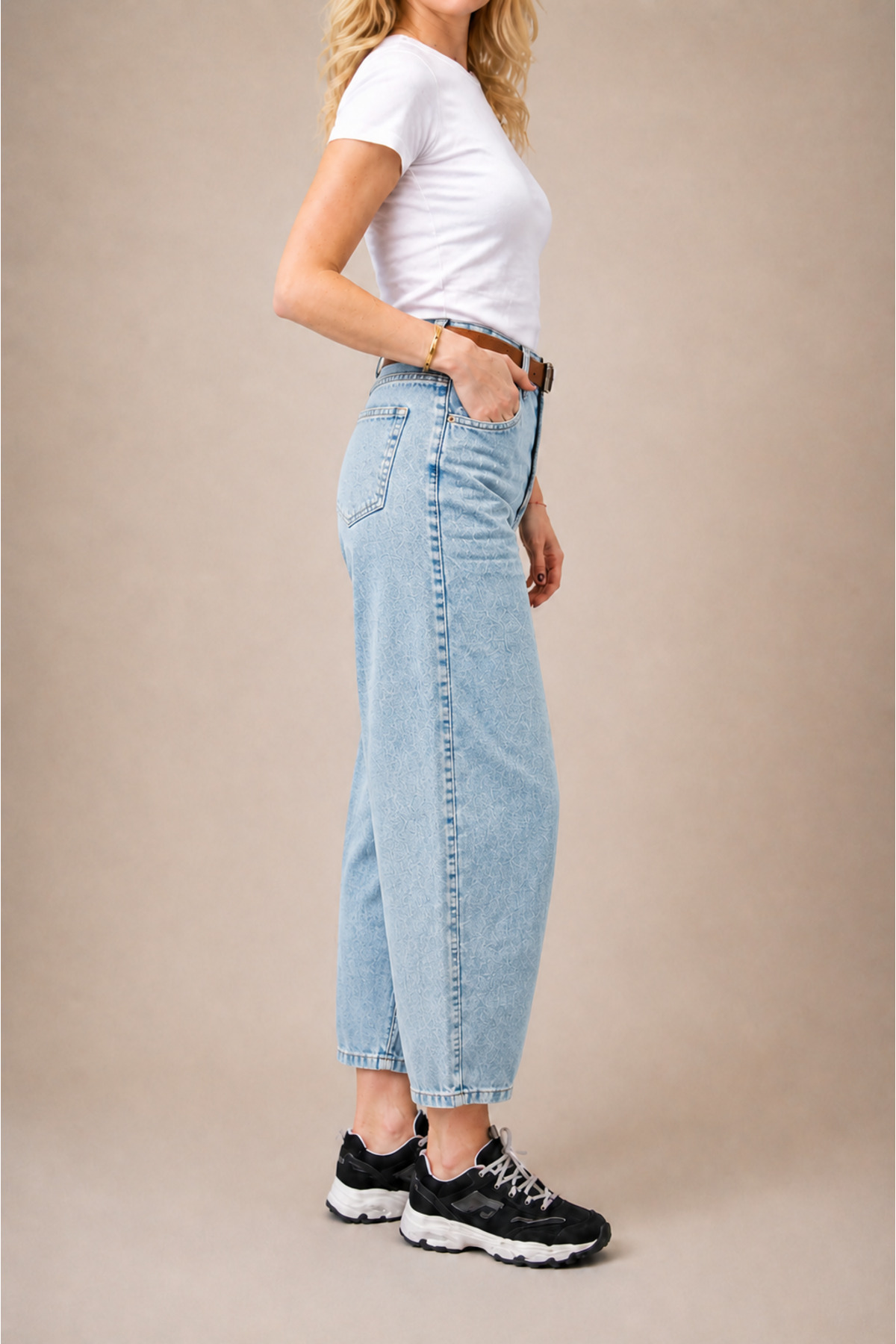 FlexiFit Yüksek Bel Kar Yıkama Baggy Jean Kot Pantolon - Deri Kemer Hediyeli görsel 5