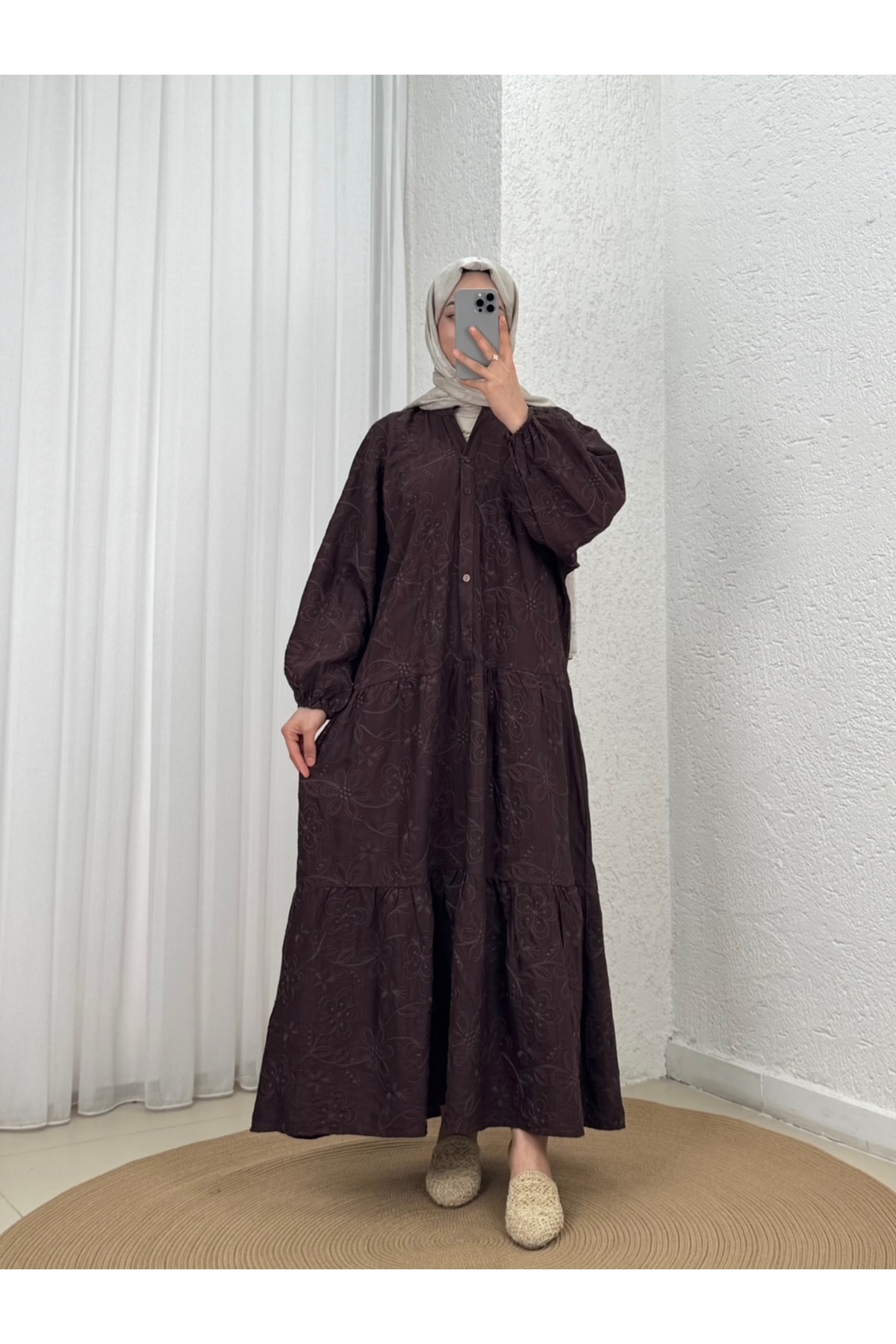 Asude Brode Pattern Half-Patterned Dress-PE600 Brown