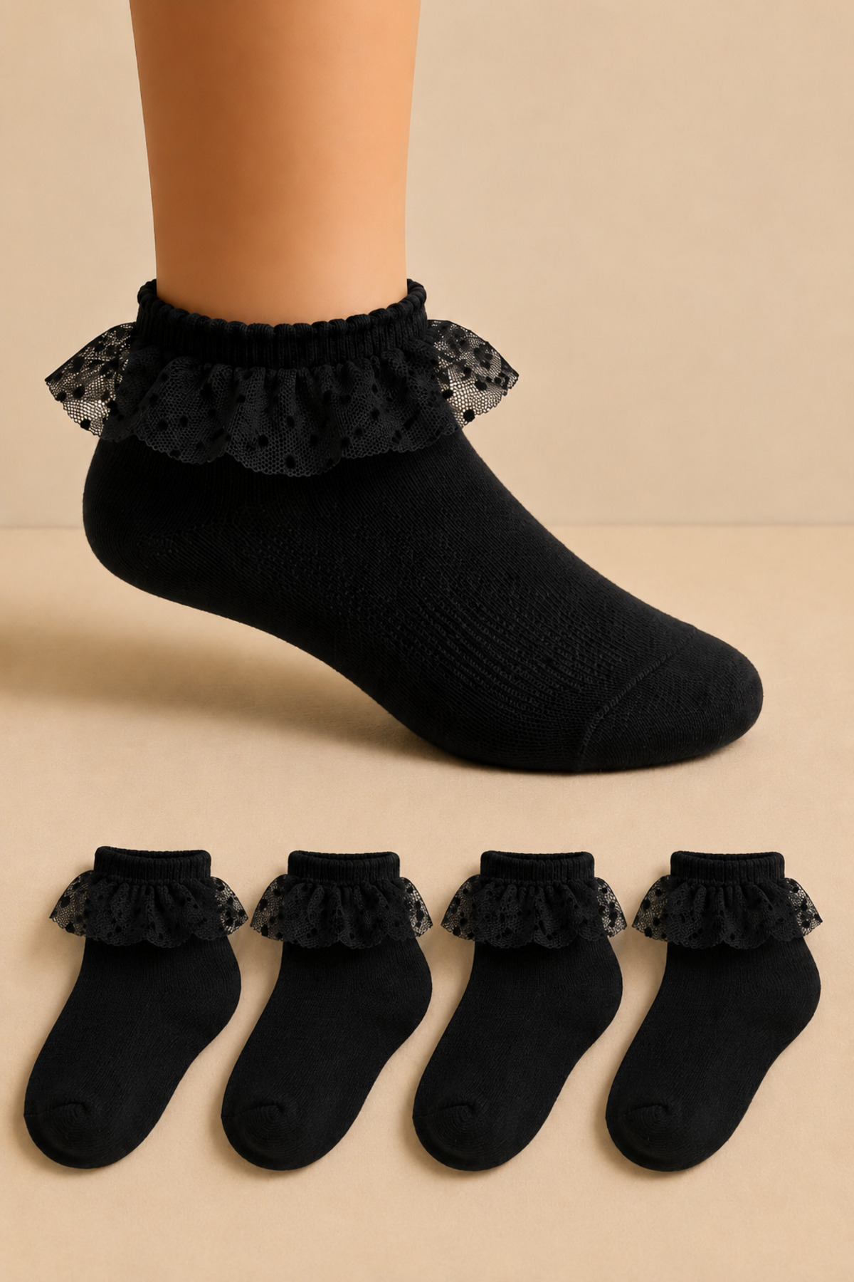4 Pairs of Toe Seamless Lace Girls Socks