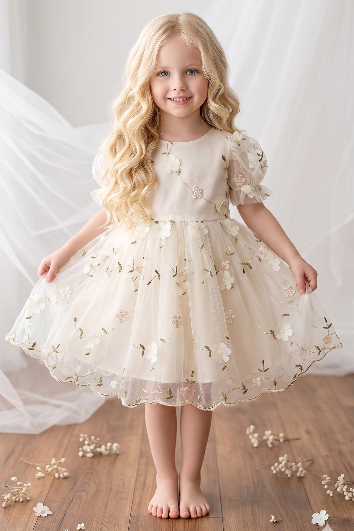 Baby Girl Dress Short Sleeve 3D Floral Vintage Bowknot Birthday Party Wedding Special Day Kids Dress