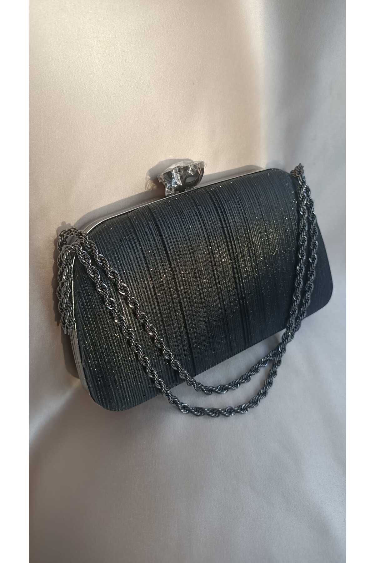 Gül Karatekin Kadın Siyah Sim Desenli Burgu Zincirli Portföy Özel Gün Düğün Nişan Clutch Abiye Çanta