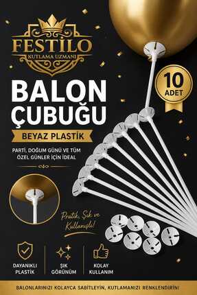 FESTİLO Balon Çubuğu 10 Adet Beyaz Plastik Balon Tutacağı Parti Organizasyon ...