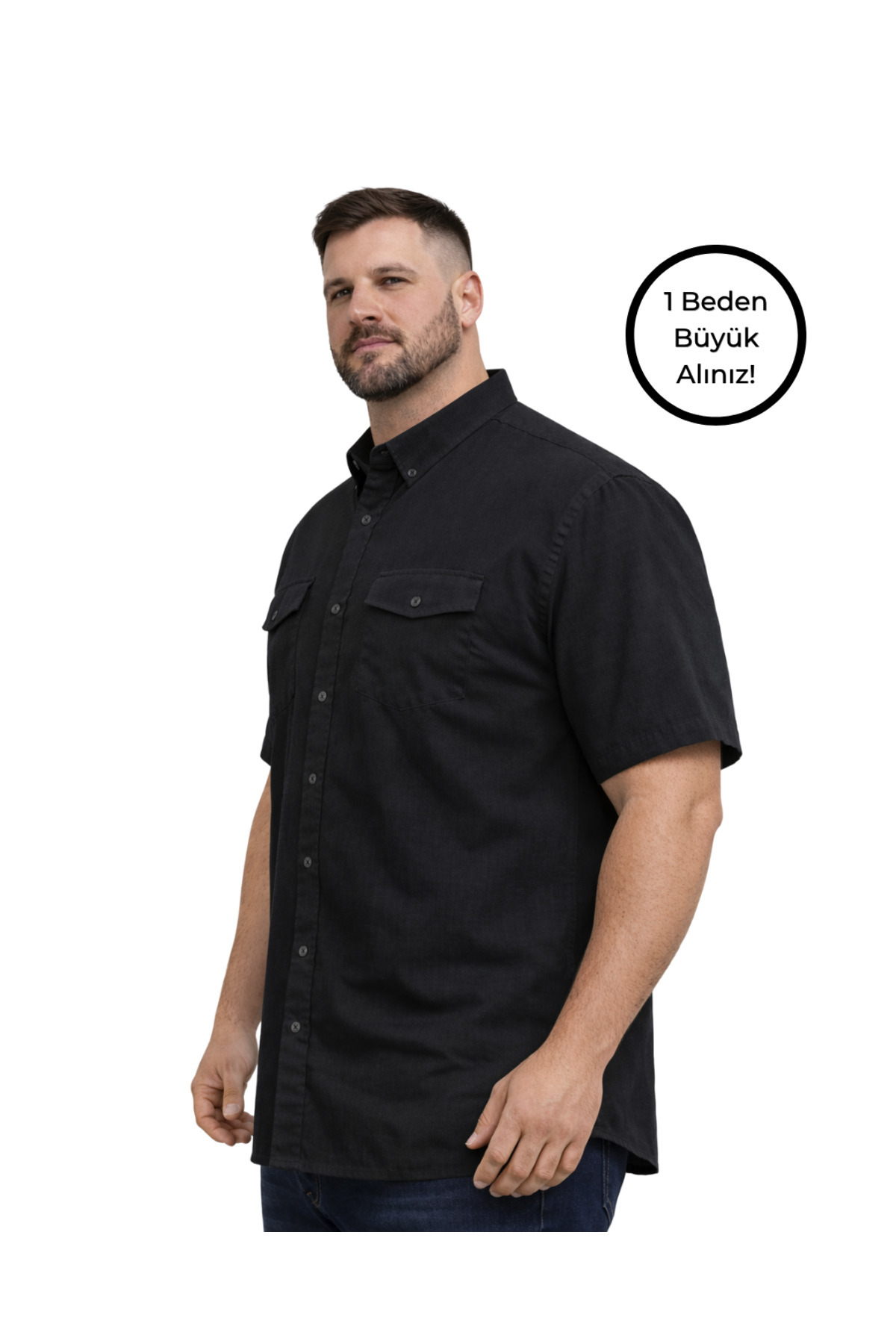 BattalModa Erkek Büyük Beden Siyah Çift Cepli Kısa Kollu Gömlek 3XL-4XL-5XL-6XL-7XL-8XL görsel 2