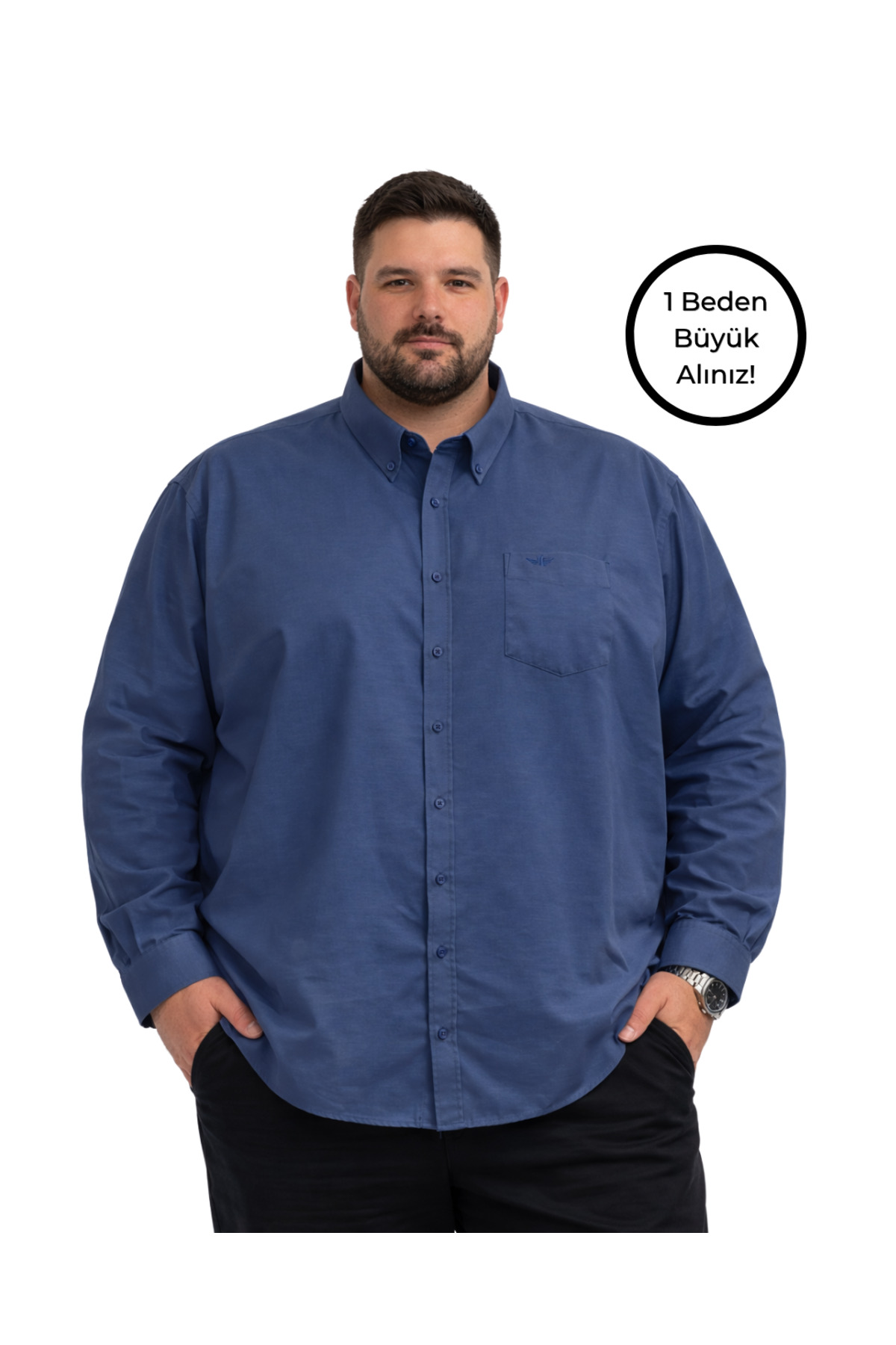 BattalModa Erkek Büyük Beden Açık Lacivert Uzun Kollu Gömlek 3XL-4XL-5XL-6XL-7XL-8XL