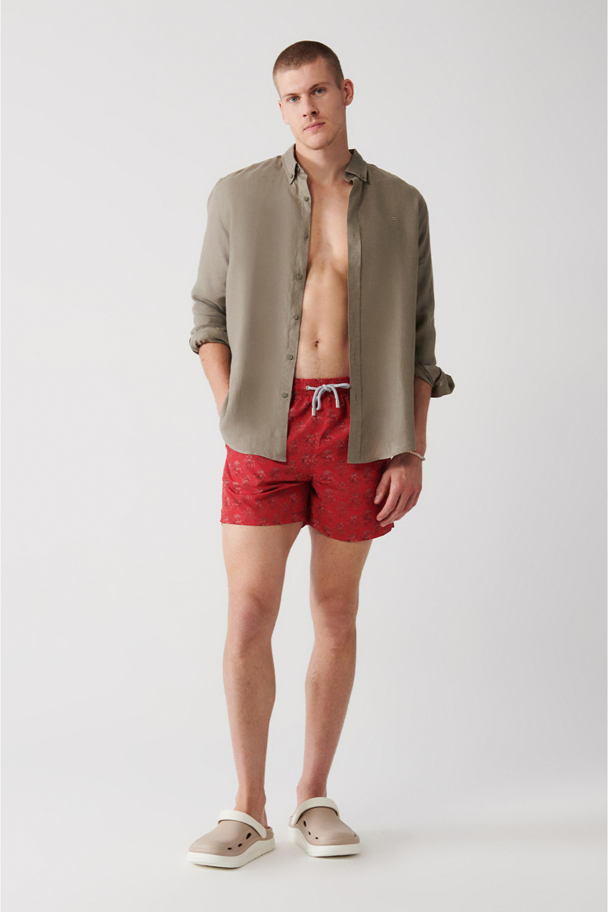 Men's Red Quick-Dry Printed Relaxed Fit Sea Shorts A31Y3815