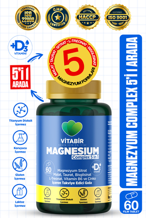 vitabir 5X Çoklu Magnezyum Complex | 5i1 Arada Bisglisinat, Taurat, Malat, Si...