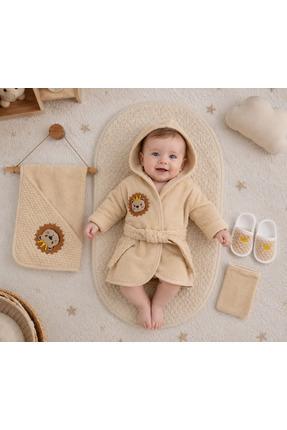 cles couture Organik Aslan Figürlü bebek bornoz seti -0-1 Yaş %100 ORGANİK PA...