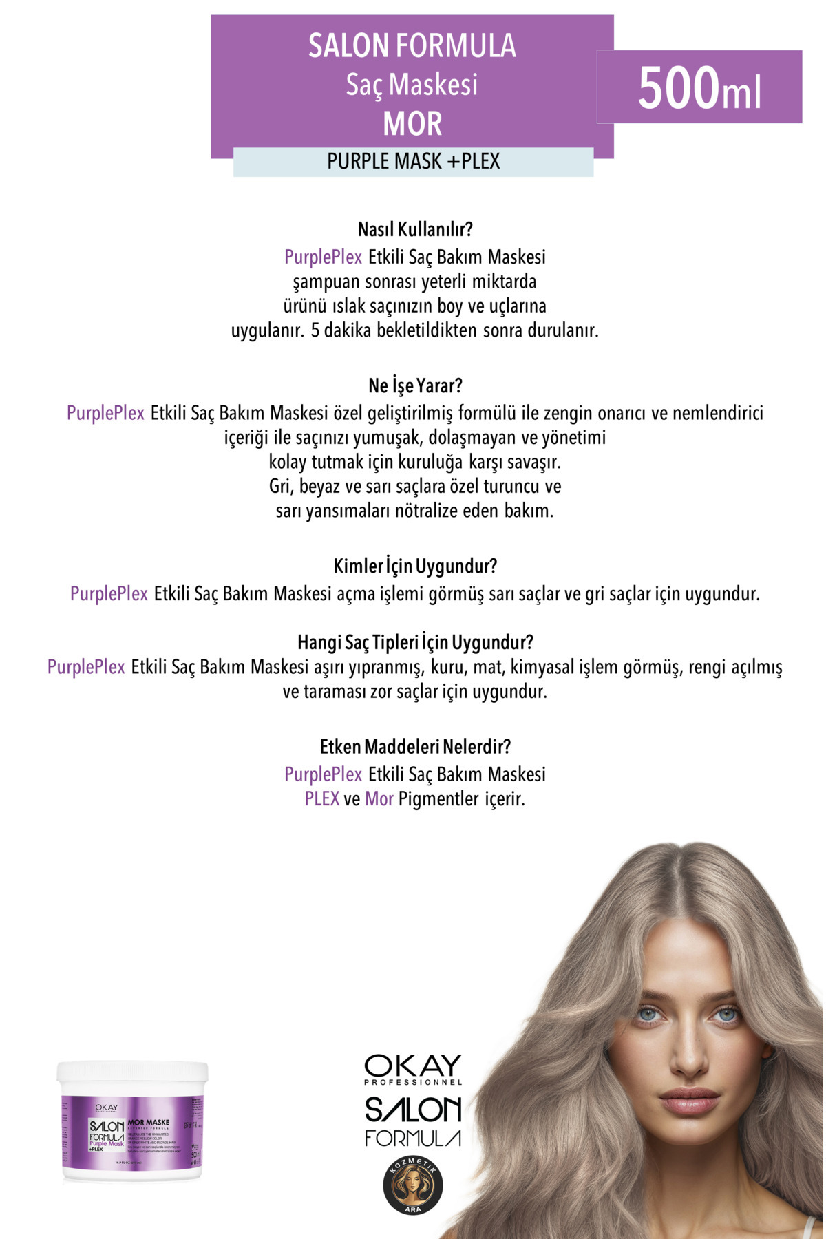 Salon Formula Turuncu - Sarı Yansımaları Nötralize İçin 2'li PURPLE (MOR) Saç Maskesi (500ml x 2 adet) — TYC9F0QPFN171033237666649 — تصویر 2 از 3
