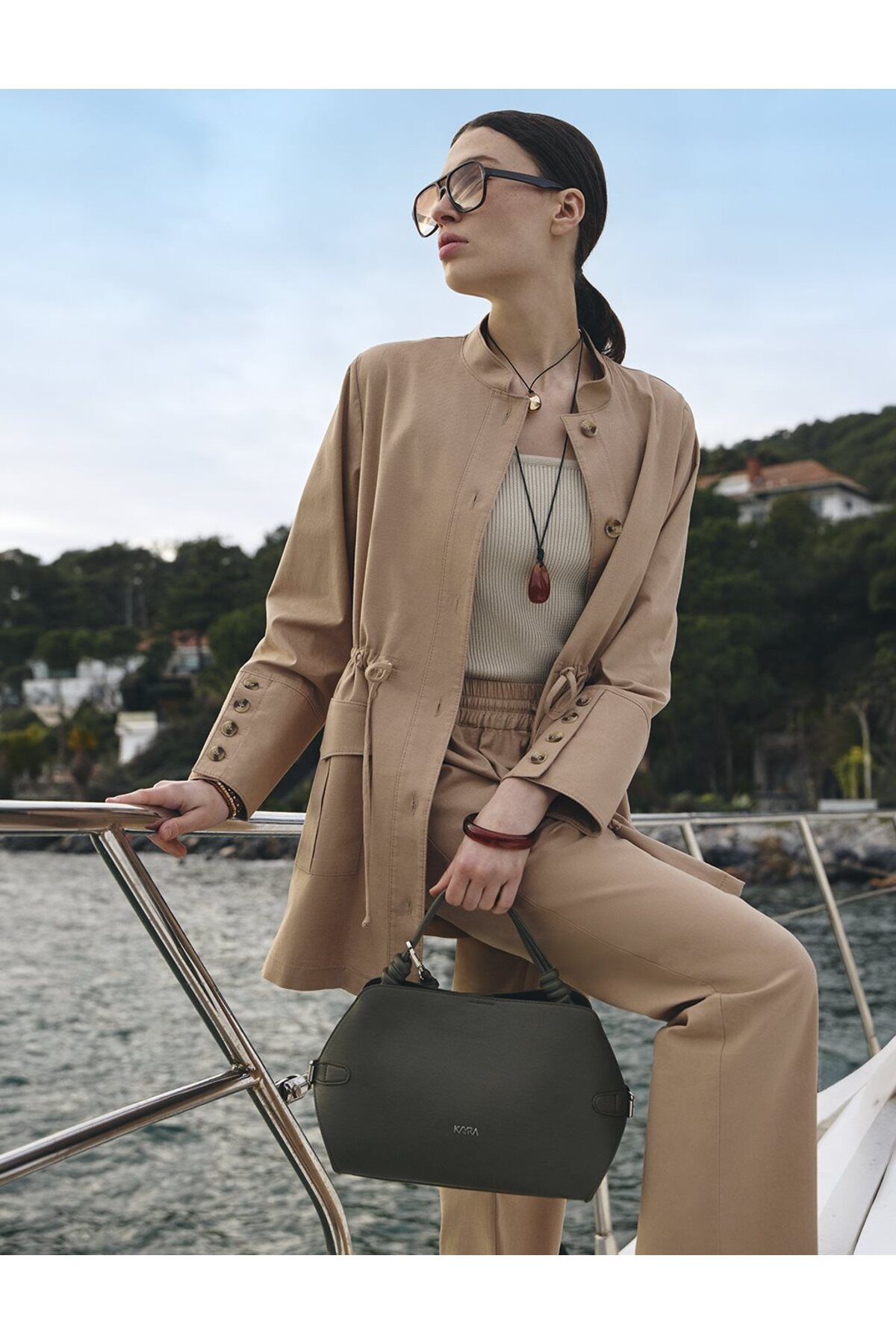 Kayra Button Detailed Double Suit Set of Cotton Beige