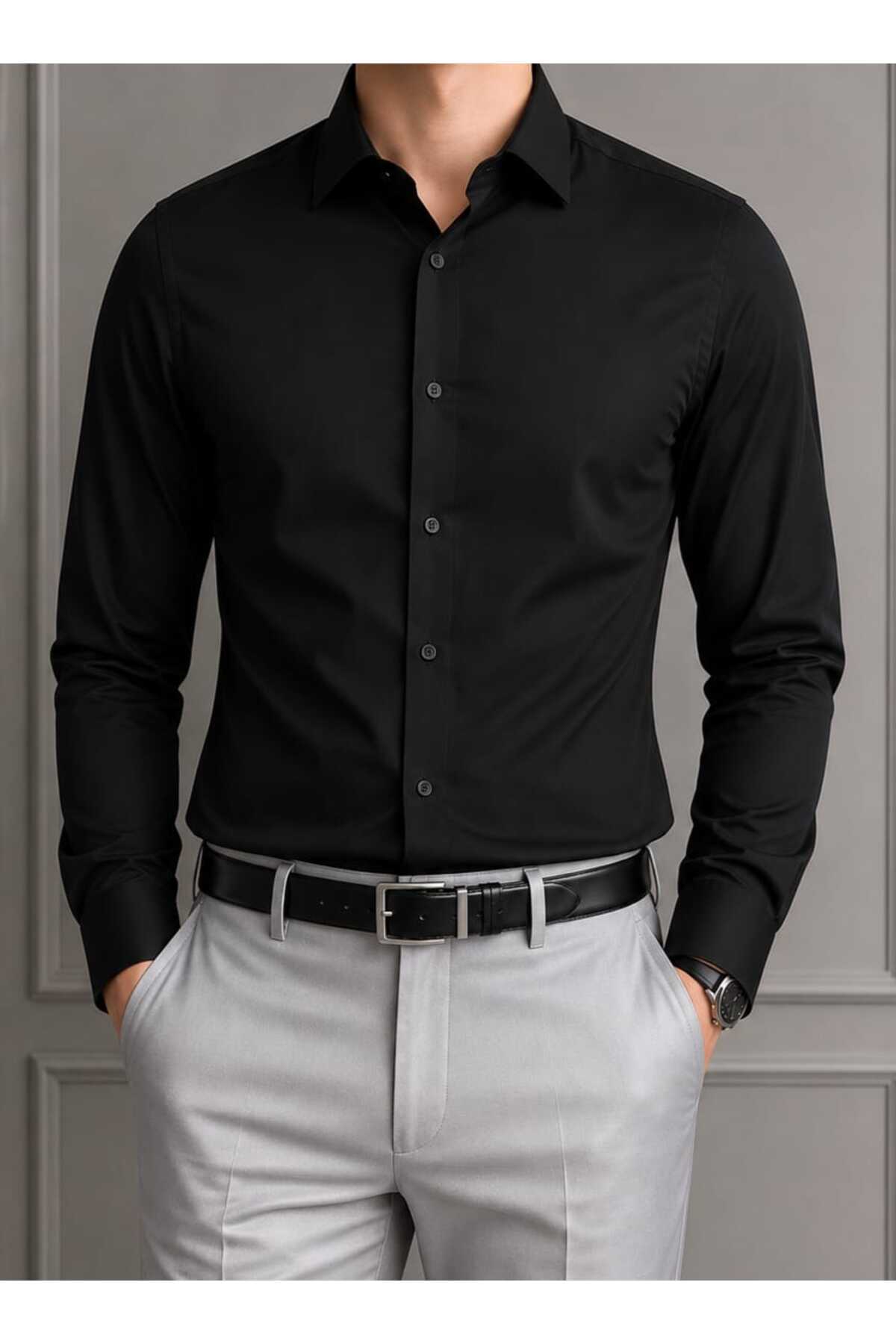 ZENGOLL & RAMİRES Men's black Slim Fit Straight Cut Firm Collar Long Sleeve shirt