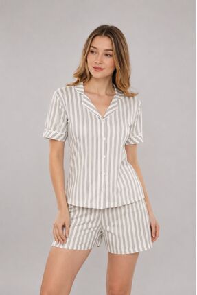 GAMDELLE MODA Kadın Çizgili Gömlek Yaka Şortlu Pijama Takım