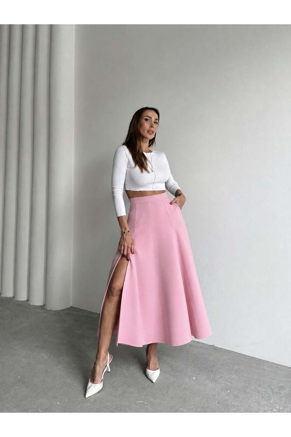 Women's Zippered Slit Godeled Pink Skirt