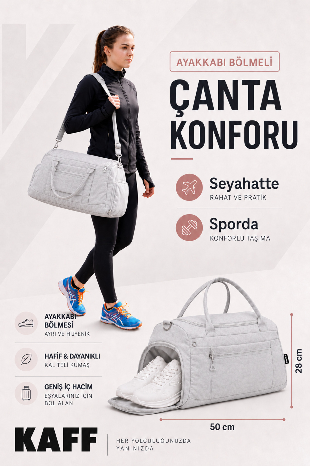 KAFF Taş Krinkıl Kumaş Ayakkabı Bölmeli 00818 Önü Cepli Su Geçirmez Omuz Askılı Spor Ve Seyahat Çantası görsel 2