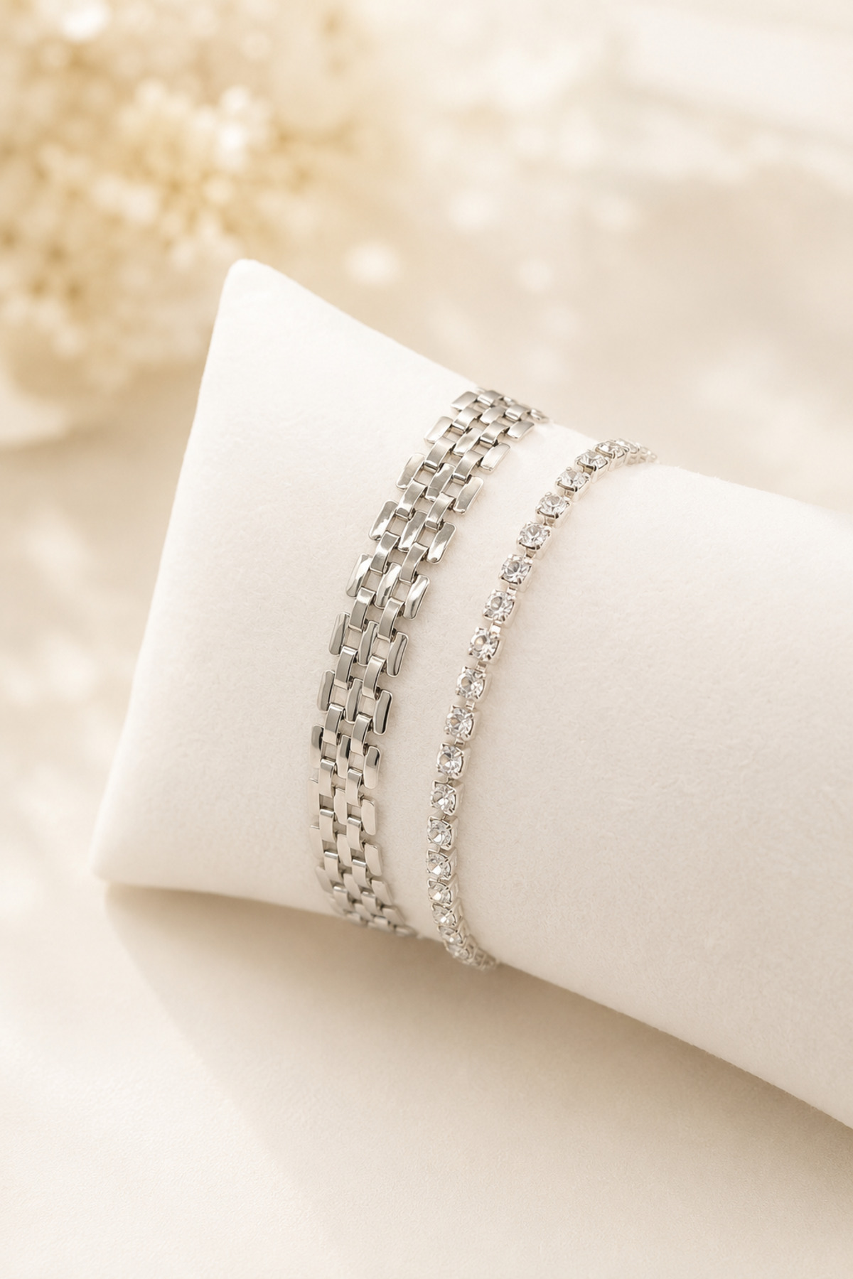 Silver Glitter Zircon Gemstone 2-Piece Bracelet Combination