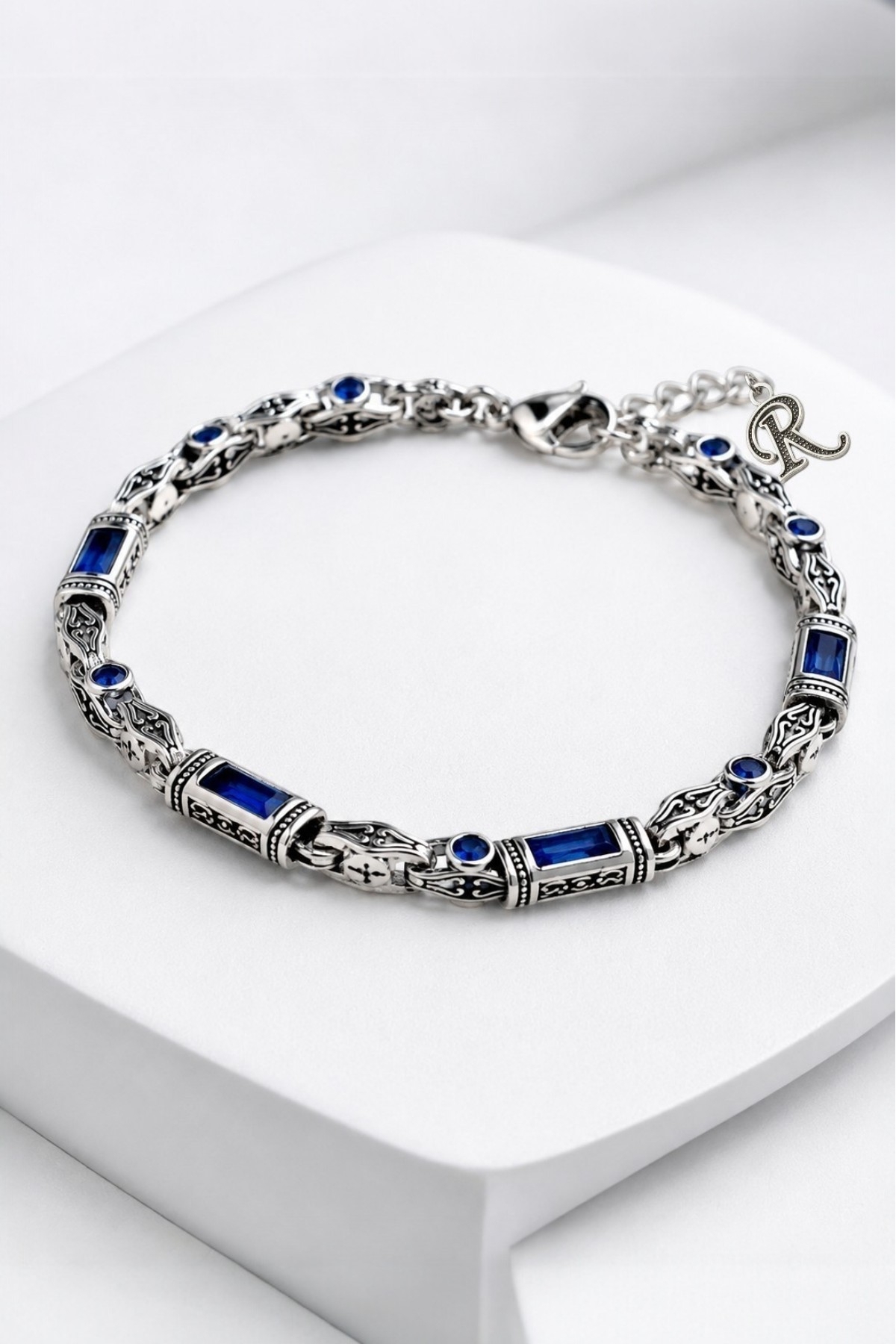 Rhodium Silver Plated B-101 Chromix Steel Men's Bracelet 3+1 Engraved Authentic Sapphire Color with Zircon Gemstone Letters 5 mm Thickness