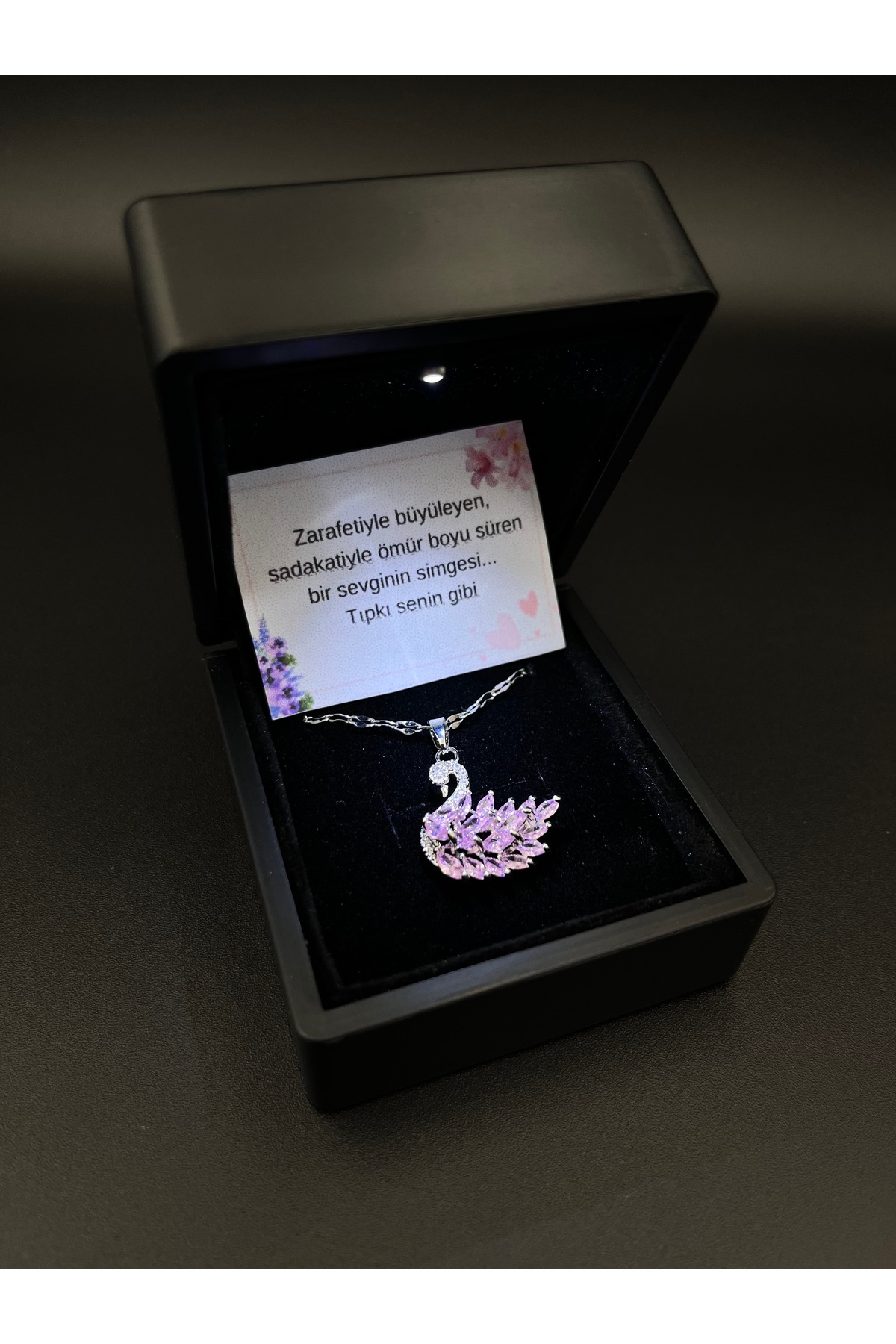 Illuminated Gift Boxed Women Pink Swan Silver Plated Pendant with Pink Swan Gemstone Valentine Gift