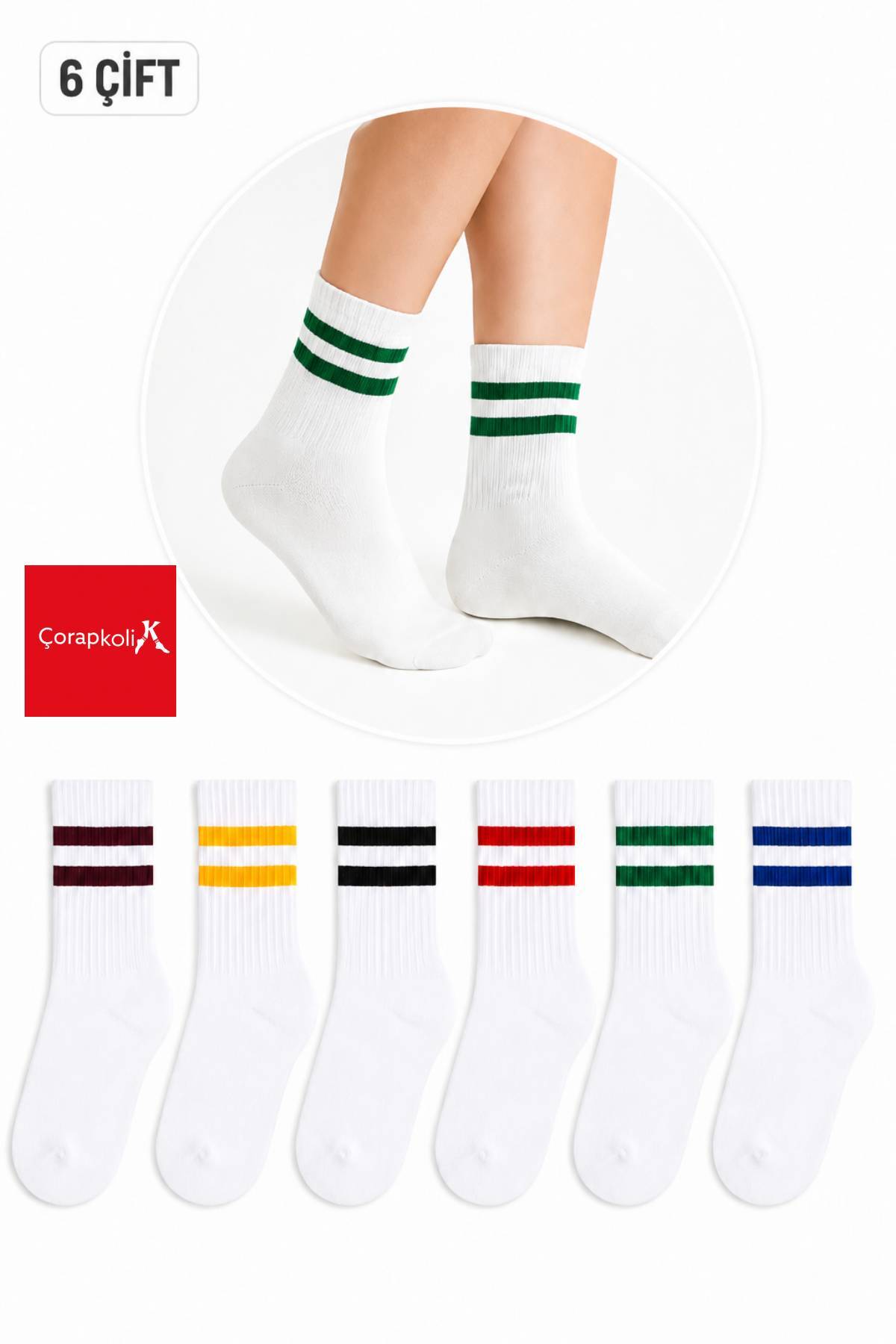 çorapkolik 6'li Çizgili Unisex Pamuklu Tenis Kolej Çorap