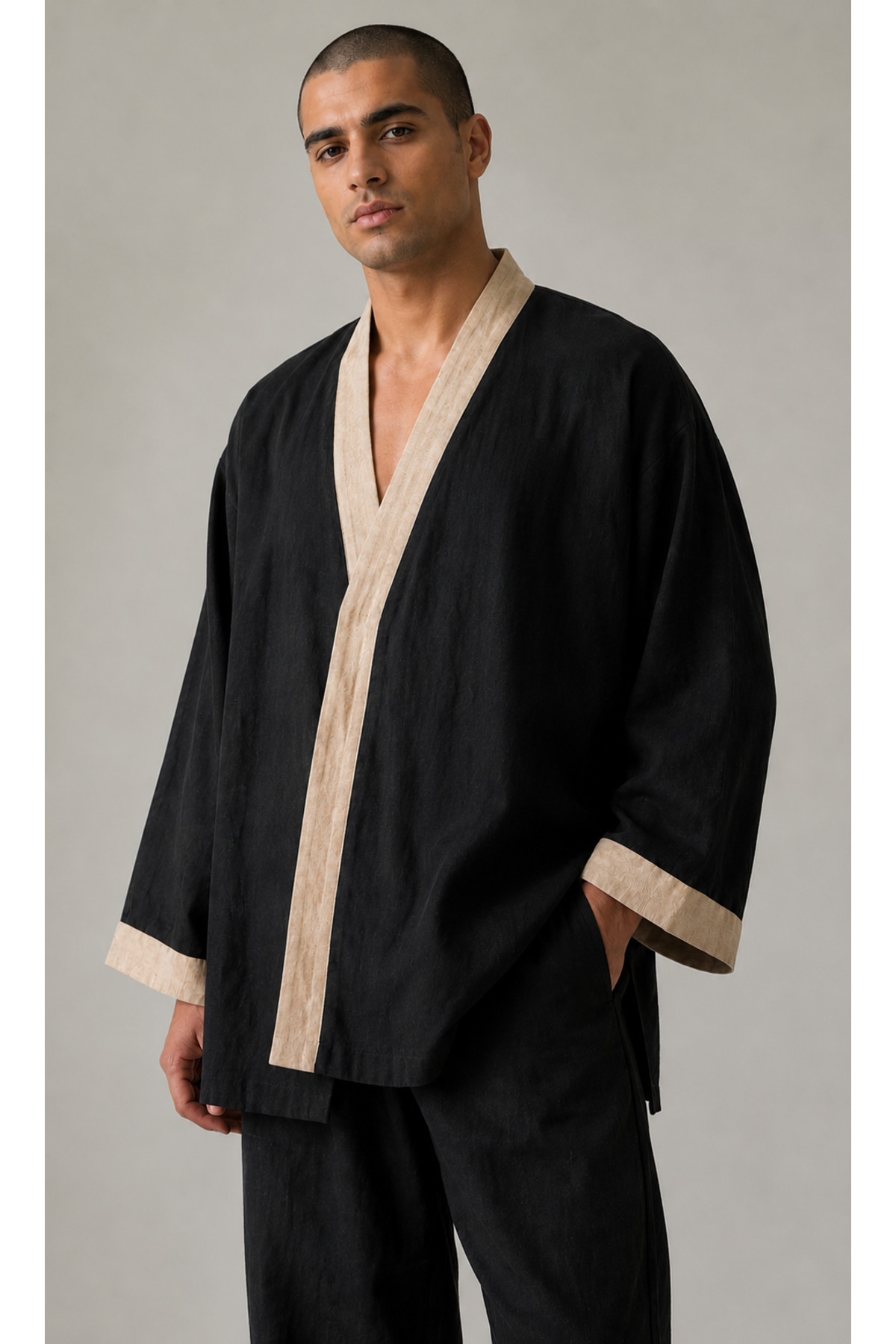 Büyük Antik Mısır Bastet Baskılı El yapımı Unisex Siyah Keten Kimono Kaftan — Siyah · Görünüm 6