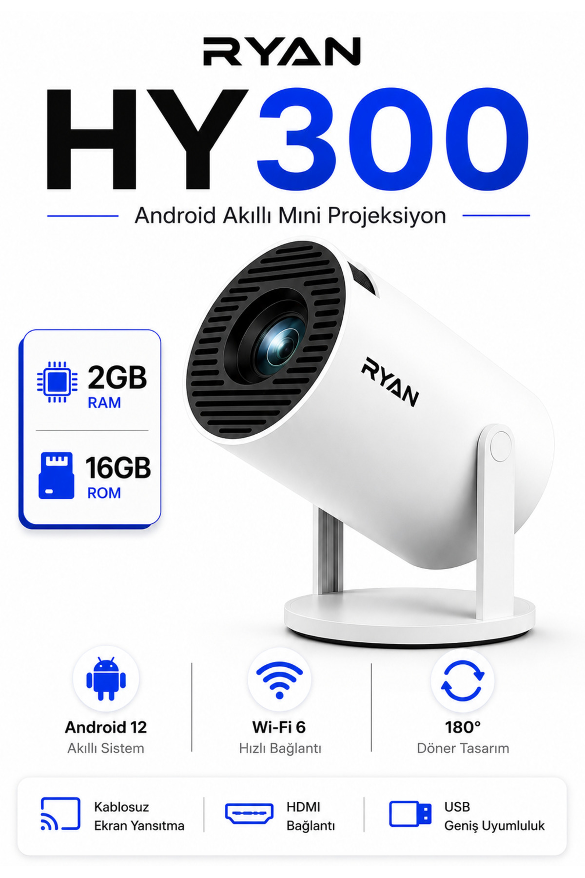 Mini Projector Smart Projector Wireless Screen Mirroring 2GB RAM 16GB Memory HY300