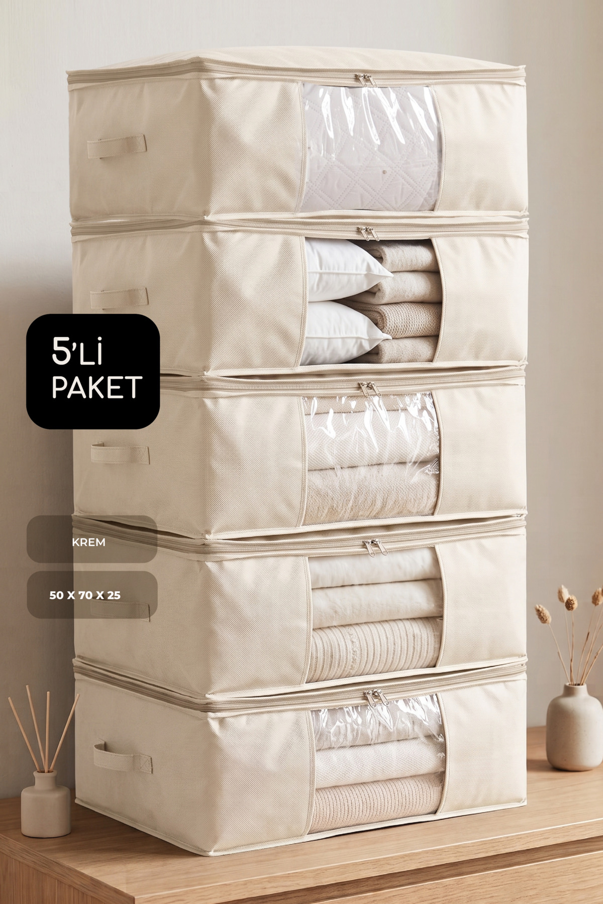 5-Piece Set Large Size 70x50x25cm Sofa Bed with Window&Base Bottom,Duvet&Pillow Organizer Hurch Cream