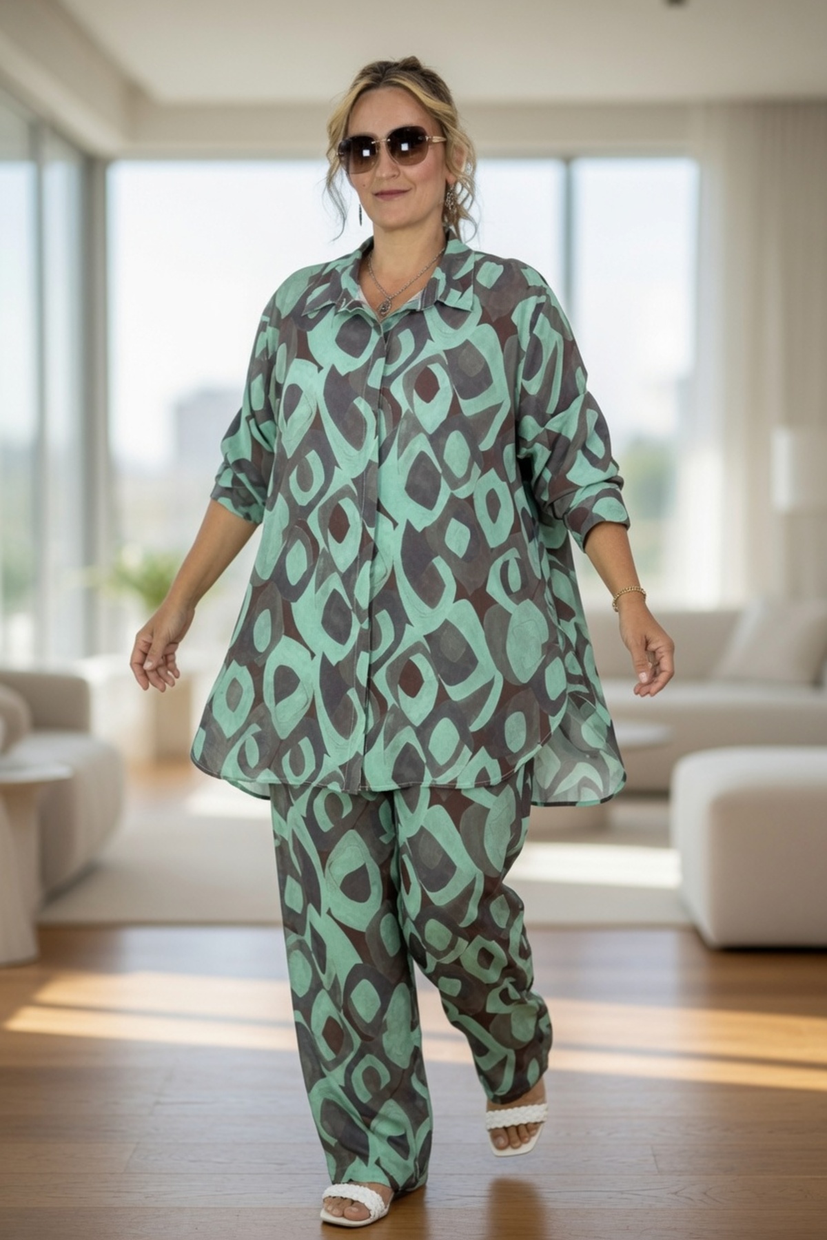 PLUS SIZE COTTON VISCOSE BUTTON FRONT JACKET ELASTIC WAIST TROUSERS PATTERN SET OF 2