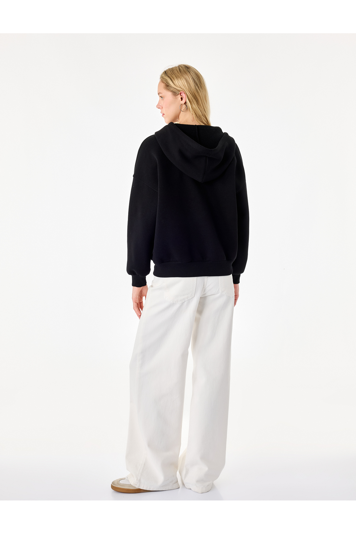 Koton Üç İplik Şardonlu Uzun Kollu Kapüşonlu Baskılı Fermuarlı Oversize Sweatshirt görsel 5