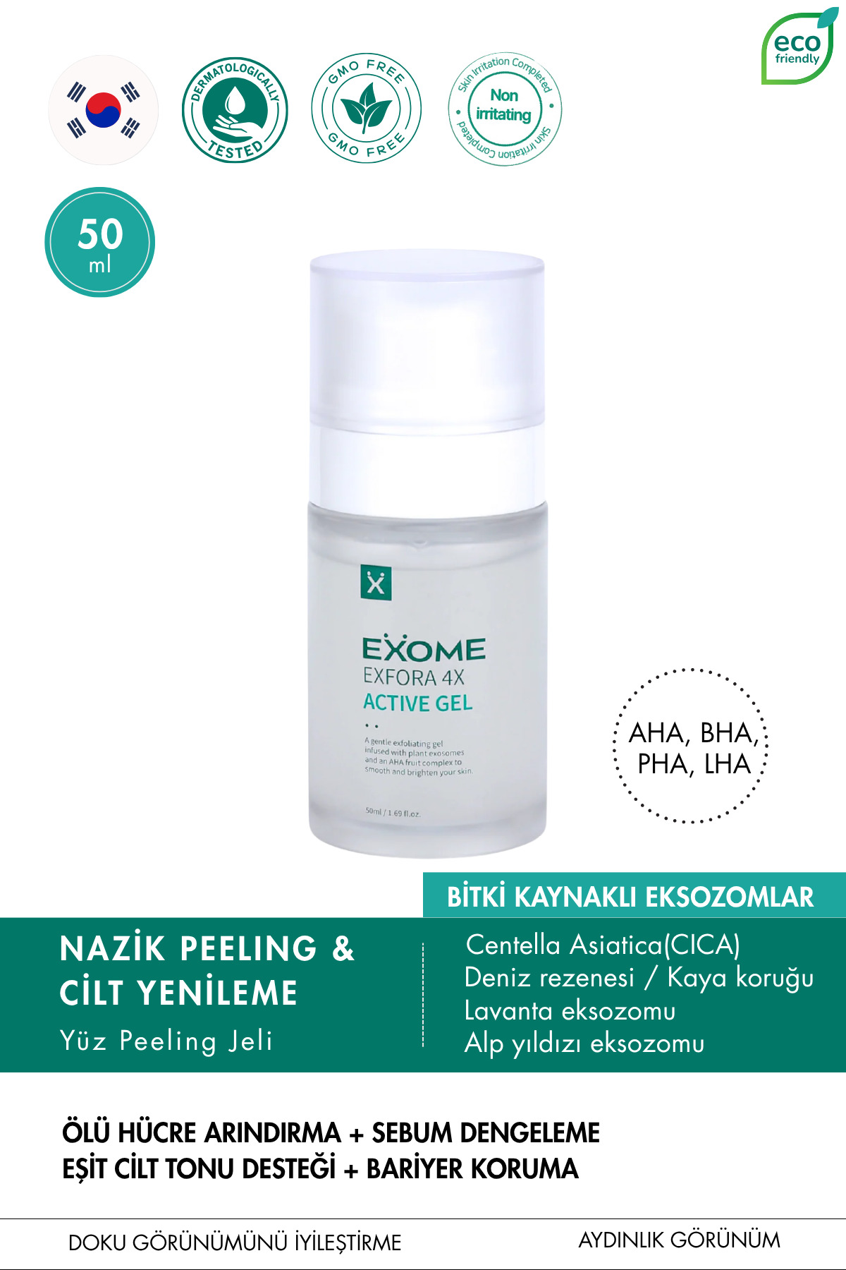 Exome AHA BHA PHA LHA Peeling Jeli | Bitki Kaynaklı Eksozomlu Profesyonel Yüz Bakımı | Exfora 4X Active Gel | 50 ml — Exome001