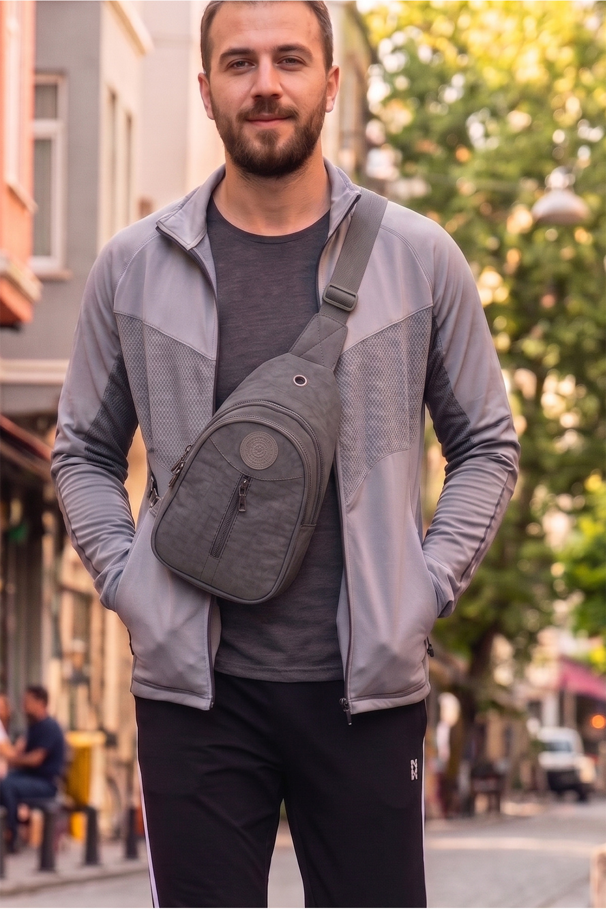 Luvenis Unisex Gri Krinkıl Body Bag Çapraz Omuz Ve Bel Çantası görsel 4