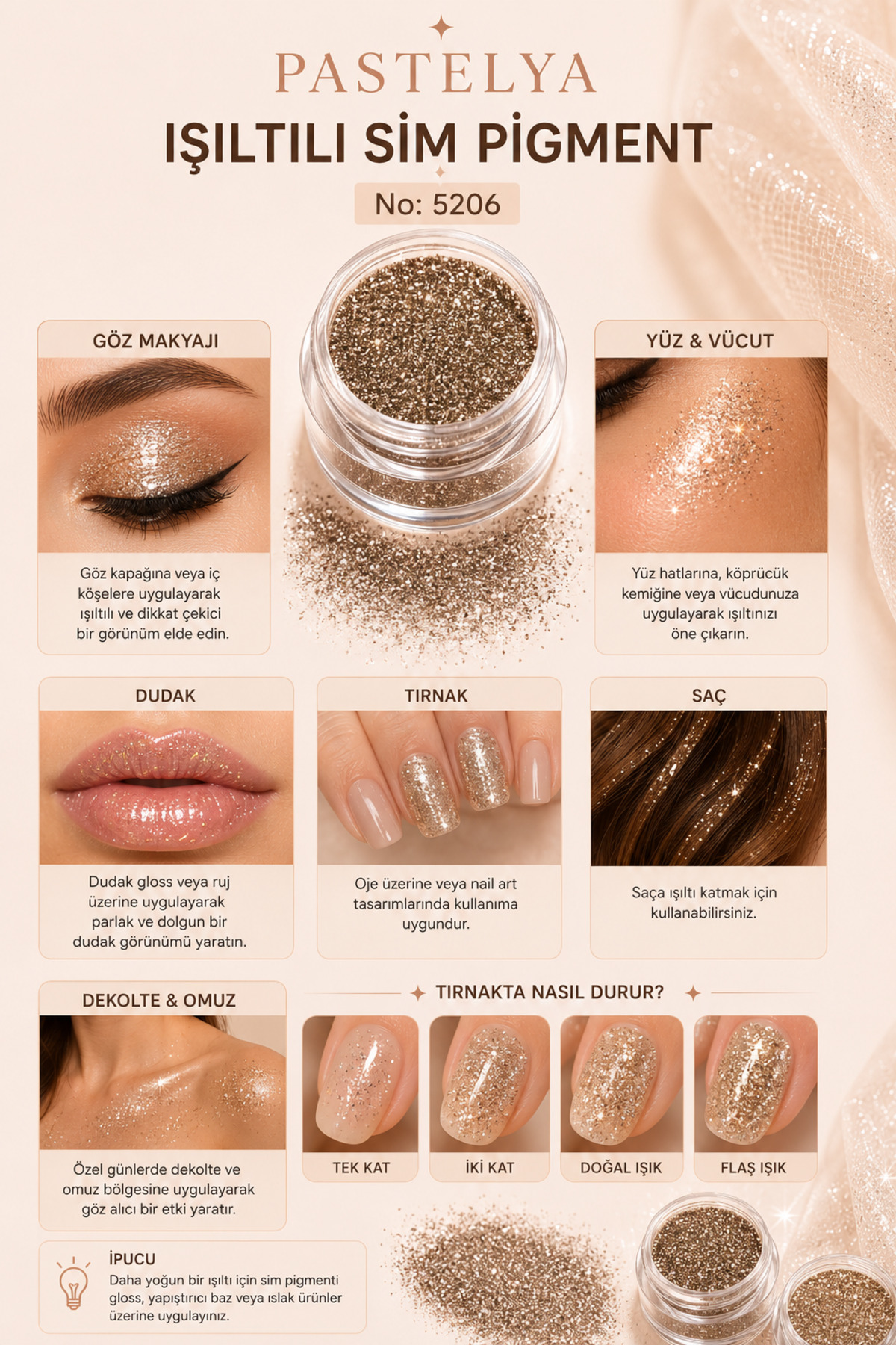 Glitter Sim Göz Farı Yüz ve Vücut Parıltısı Glitter Sim Far 5206-1/170 — طلایی EY5206-1-170 — تصویر 3 از 3