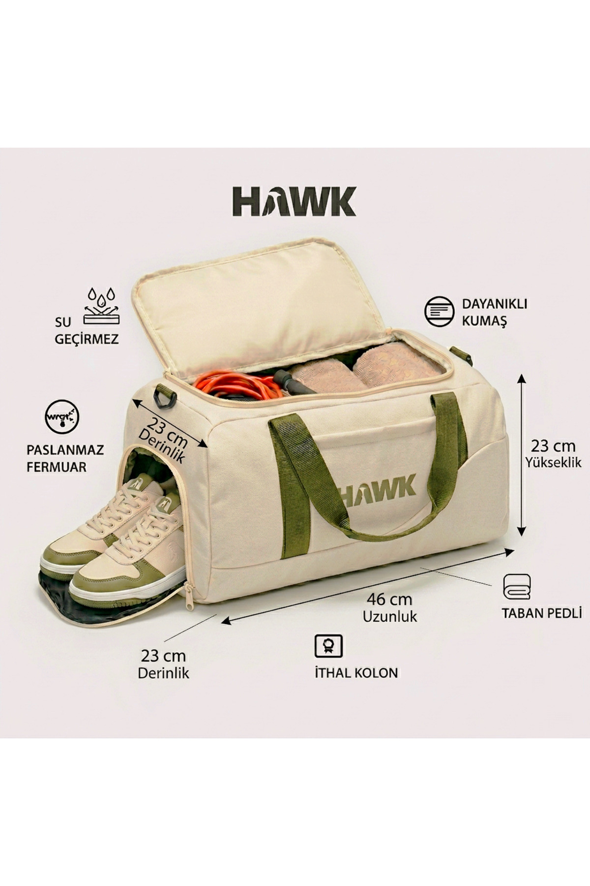 HAWK Spor Çantası Gym El Valizi Çok Amaçlı Unısex Seyahat Valizi Bej Haki Model görsel 2