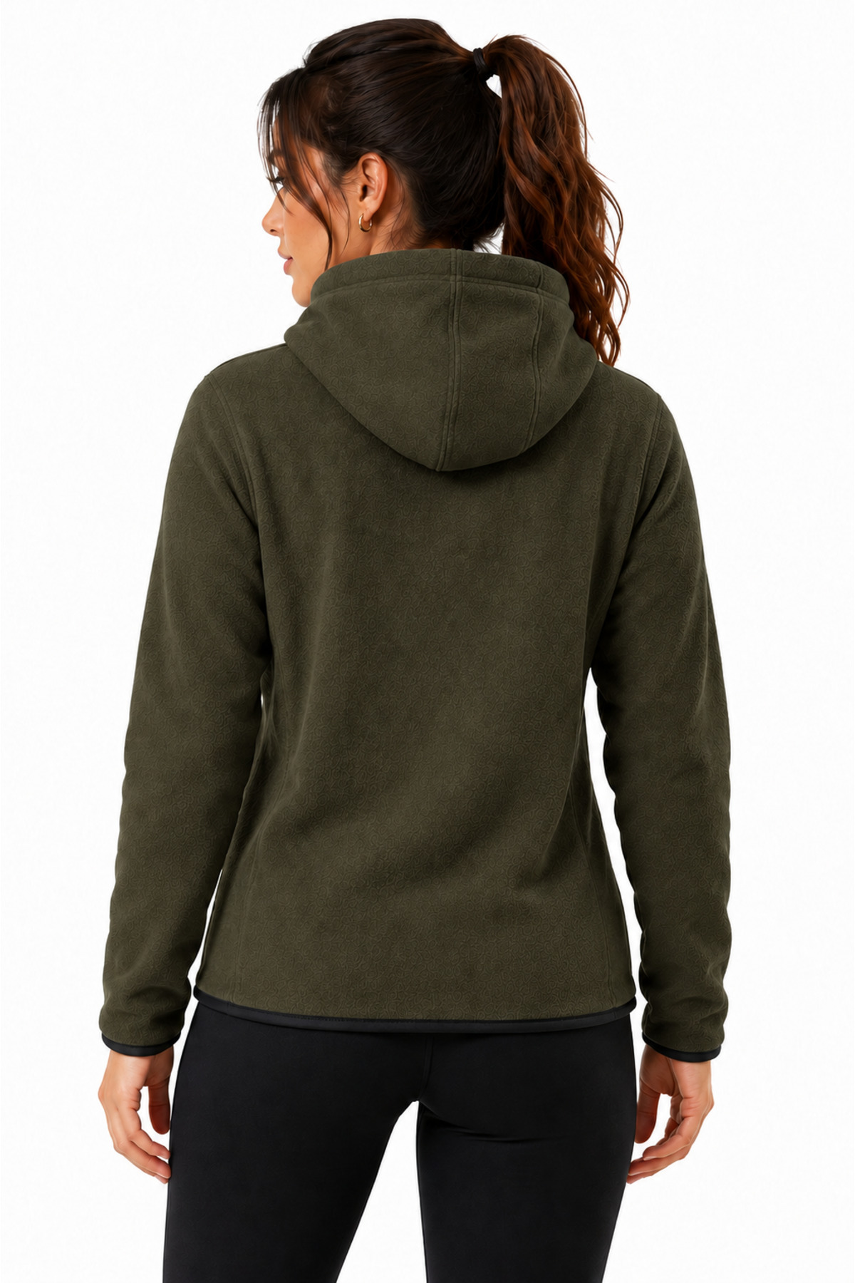 GHASSY CO Kadın Haki Kapşonlu Fermuarlı Polar Sweatshirt görsel 3