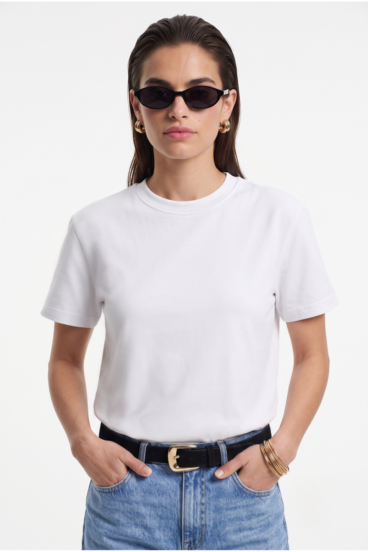 Ritnice Kadın Rise Dekoratif Yaka Tok Doku %100 Pamuk Beyaz T-Shirt görsel 4