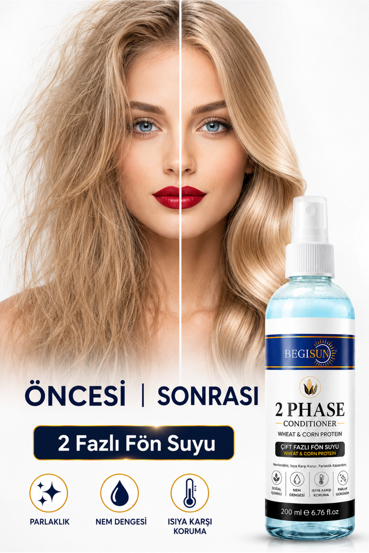 BEGISUN Fön Suyu | Çift Fazlı | Buğday & Mısır Proteinli Isı Koruyucu Saç Bakım Spreyi 200 ml — bgeısun567