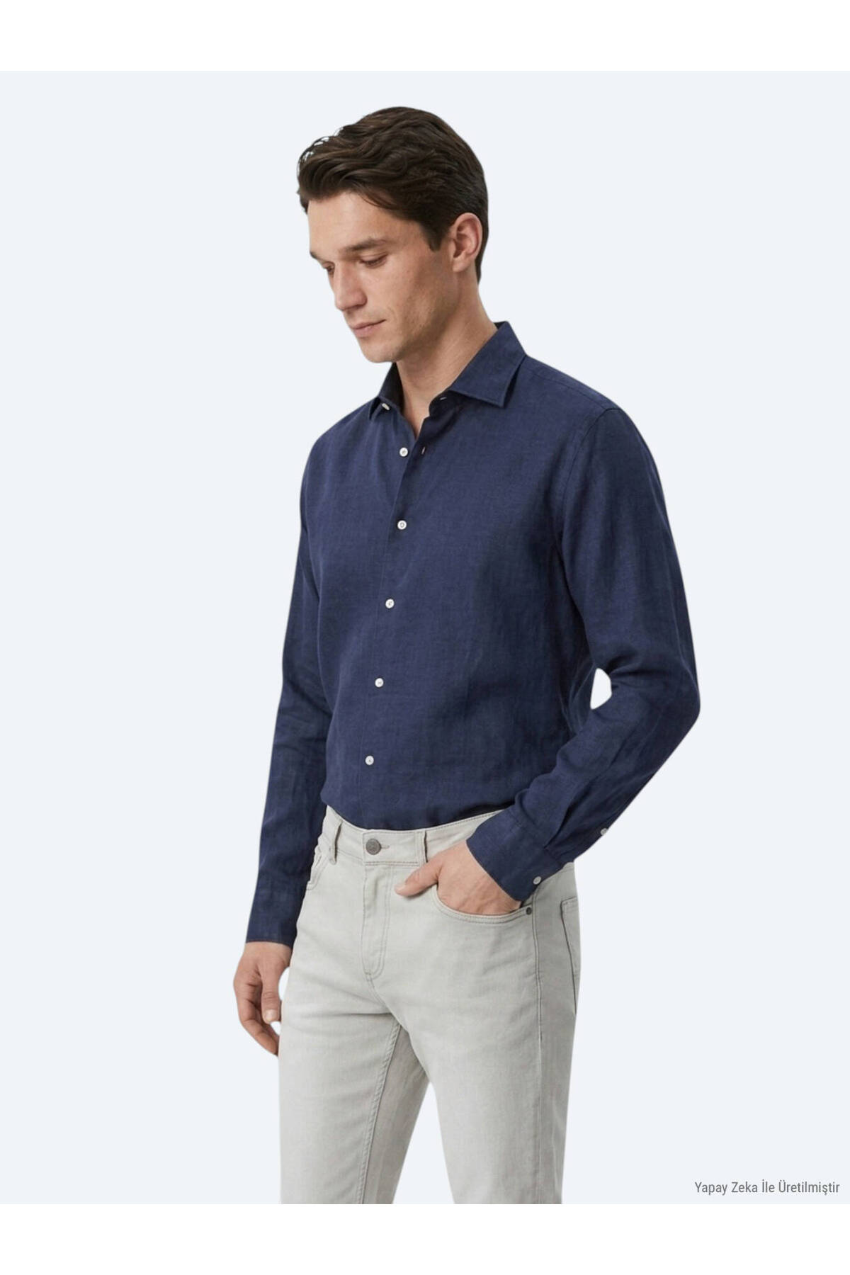 İndigo Regular Fit Uzun Dokuma Casual Pamuk Karışımlı Gömlek — آبی 53821 — تصویر 2 از 8