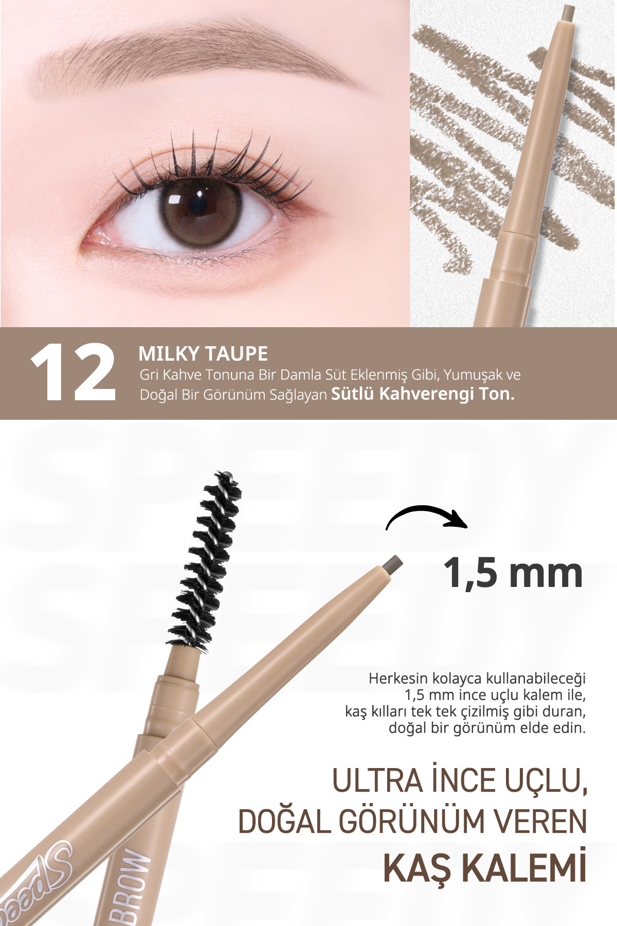Ultra İnce Uçlu, Doğal Görünüm Veren Kaş Kalemi PERIPERA Speedy Skinny Brow (12 Milky Taupe) — قهوه‌ای 6342 — تصویر 3 از 9