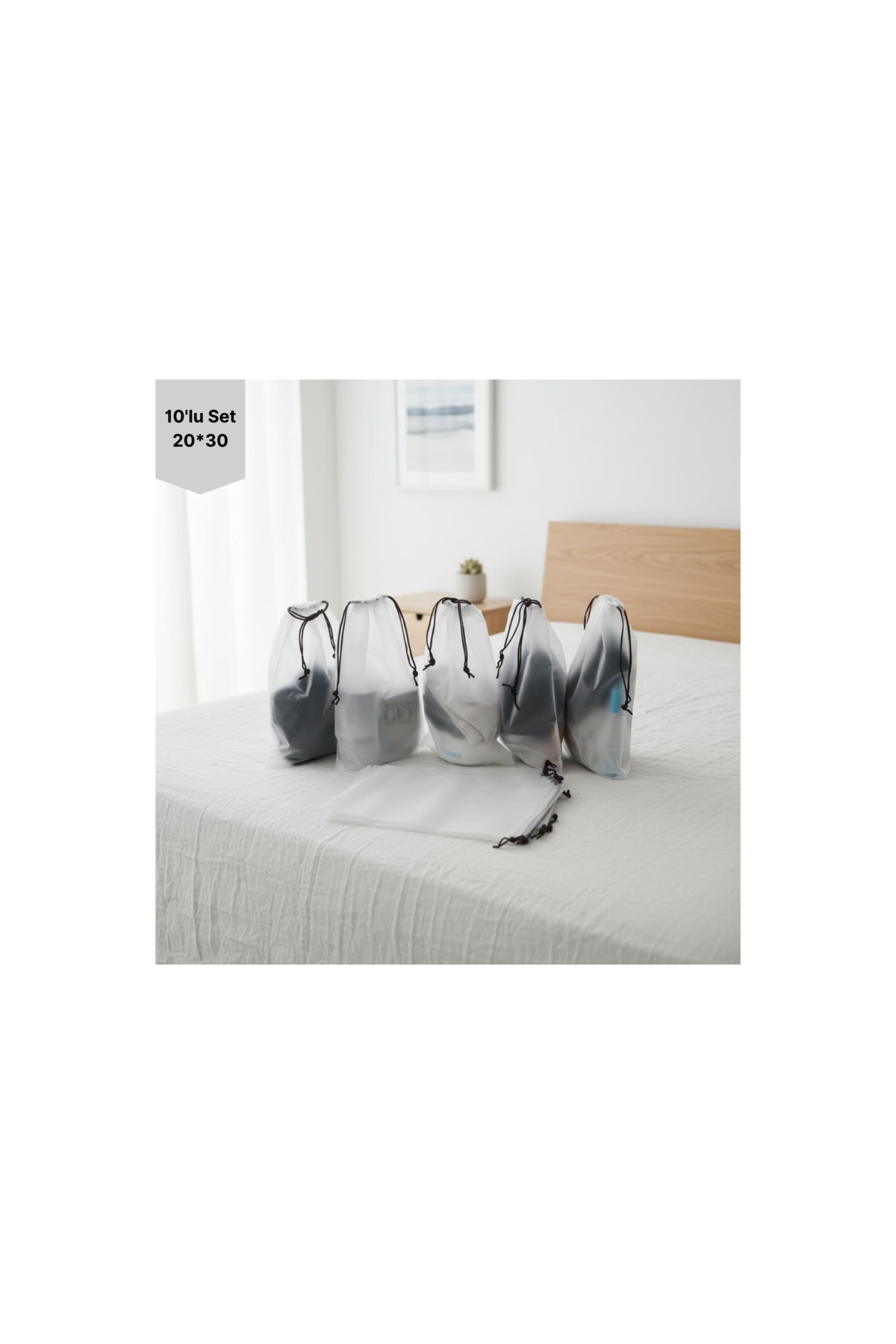 10lu Set 20*30cm (small) Su Geçirmez Büzme Ipli Kozmetik Makyaj Tatil Çantası — سفید ŞMÇ10 — تصویر 3 از 5