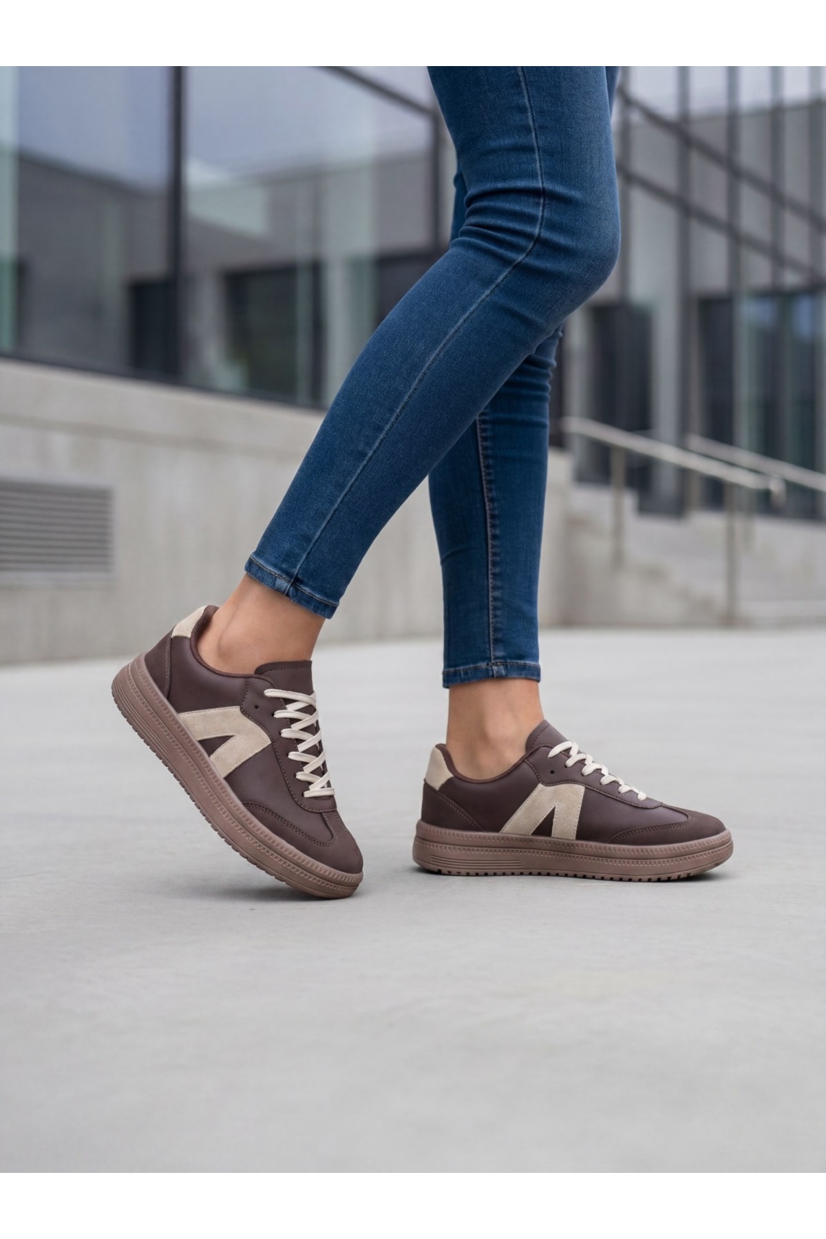E SPORT Kadın Sneaker Yüksek Taban Ortopedik Bağcıklı Spor Ayakkabı Retro Kahve-011 görsel 7