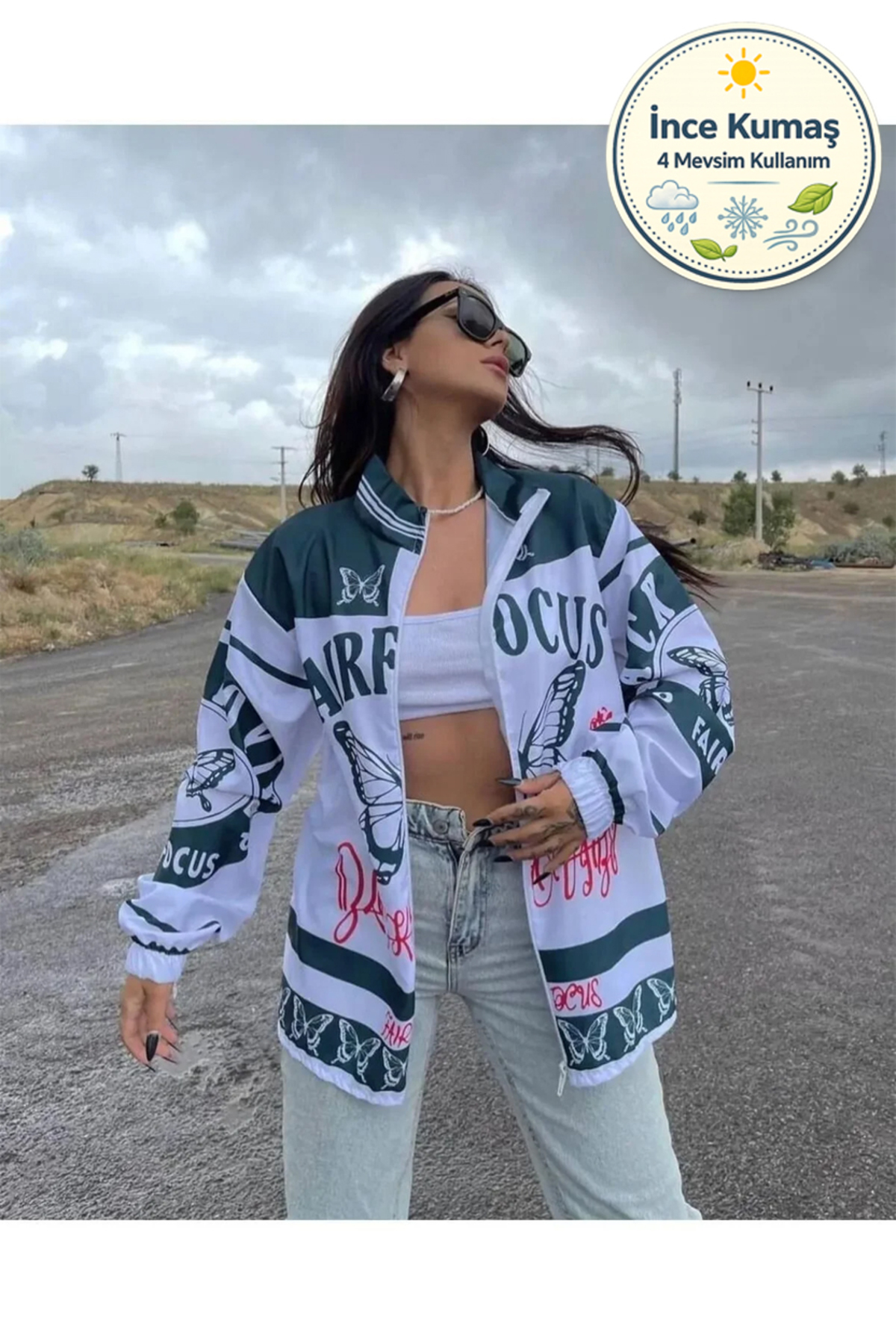 Lushen Unisex Paraşüt Kumaş Oversize Dijital Baskılı Siyah Rüzgarlık Yağmurluk İnce Ceket
