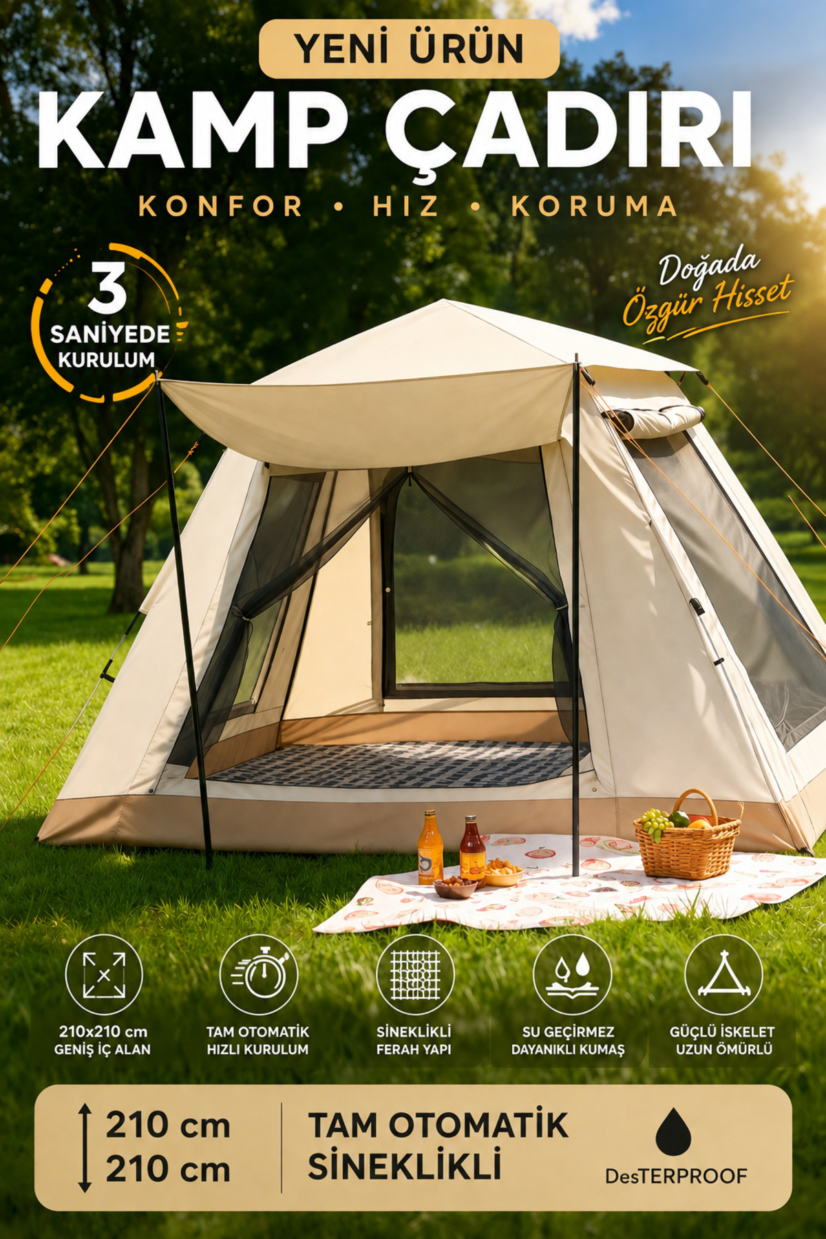 MO DOU Tam Otomatik Kamp Çadırı 210x210 cm 3 Saniyede Kurulum Su Geçirmez Sineklikli Çadırı Outdoor Kamp