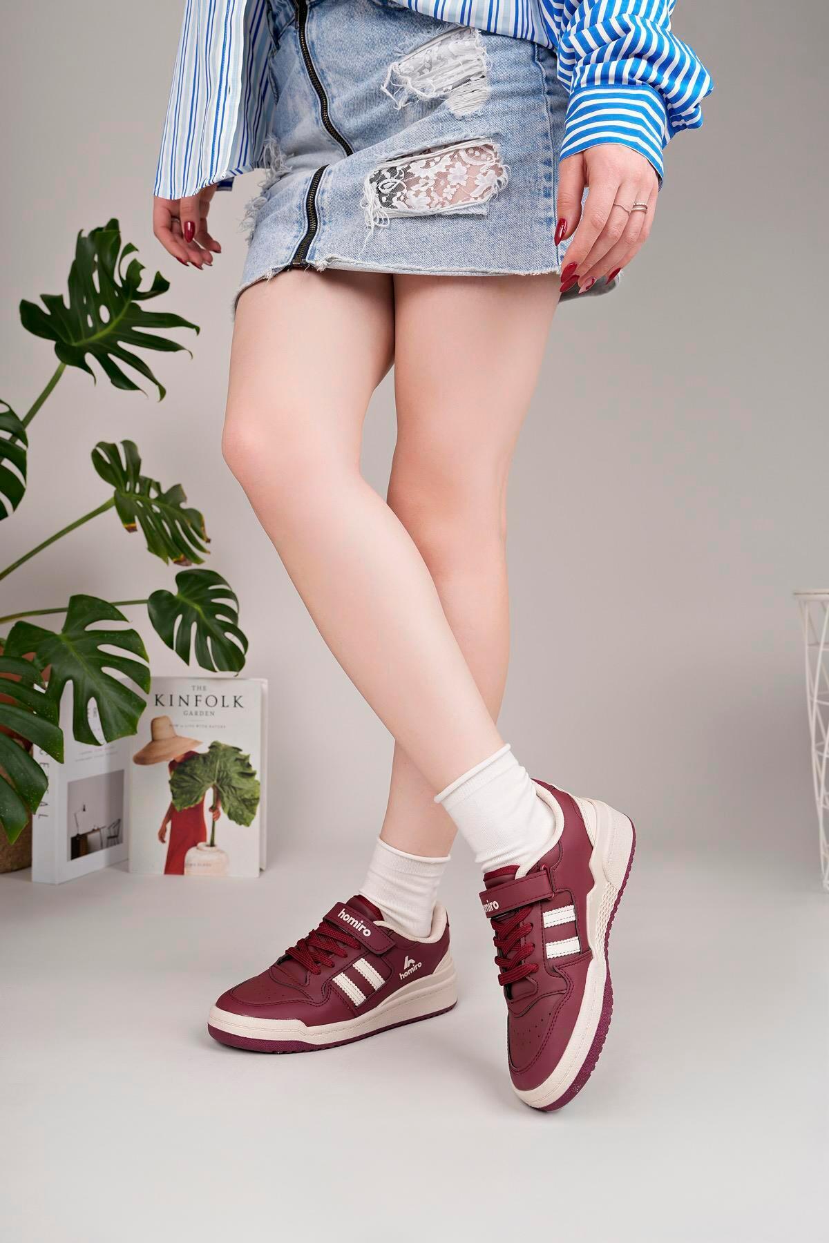 homiro Unisex Bağcıklı Cırtlı Spor Sneaker Ayakkabı-Bordo-Beyaz görsel 3